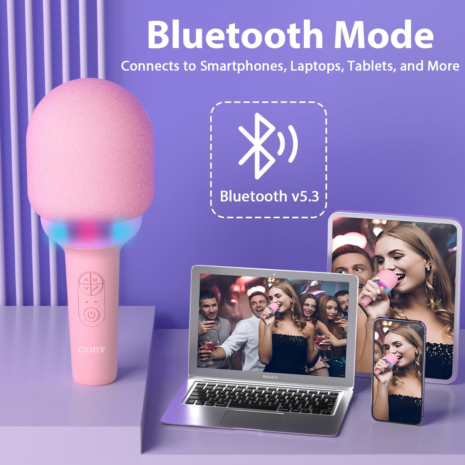 Coby Micrófono LED de karaoke  5 modos de luz súper divertidos  4 modos divertidos de cambio de voz  Modo inalámbrico verdadero para dúos  Micrófono
