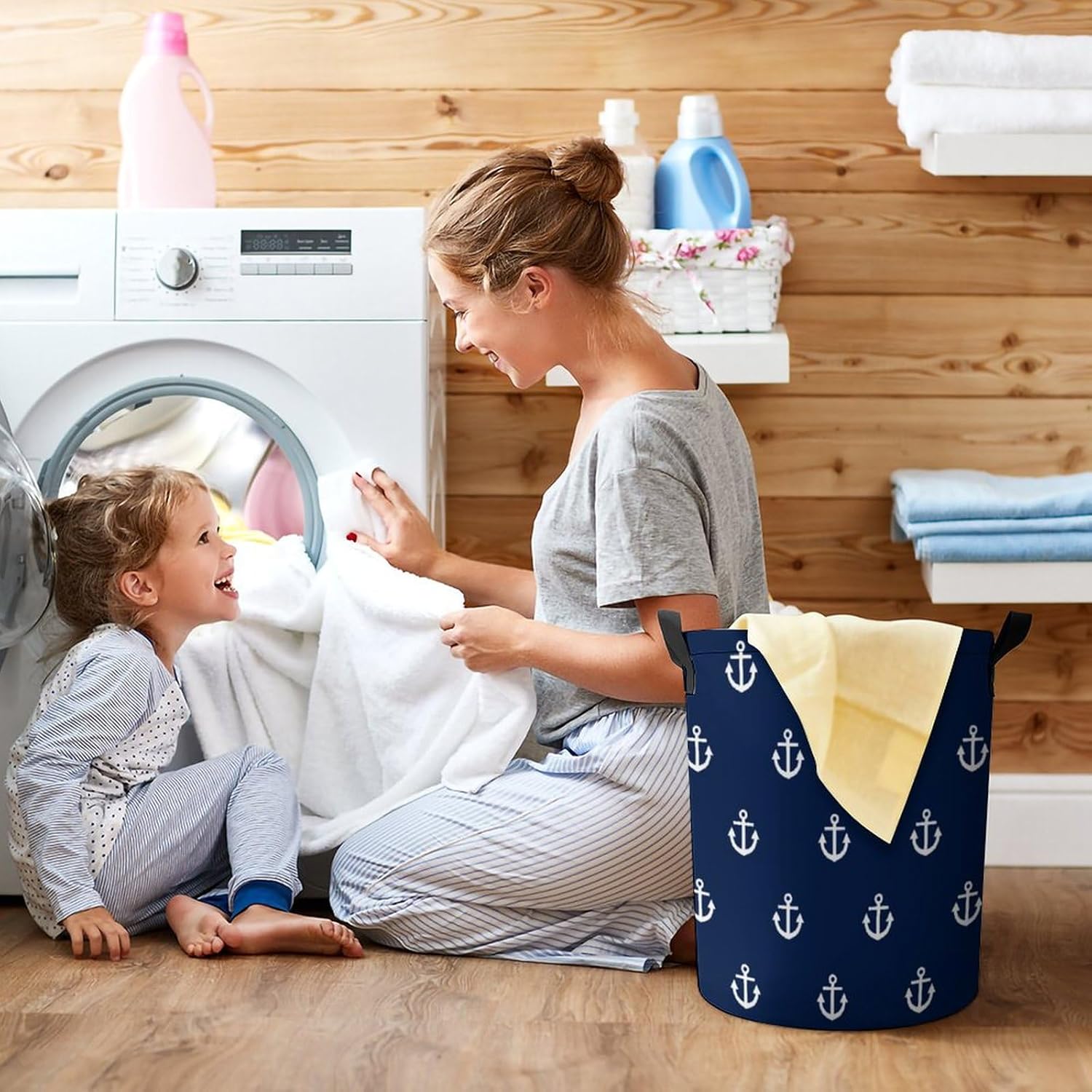Cesta de lavandería grande, patrón de ancla blanca en azul marino, náutico, impermeable, plegable, para ropa sucia, para dormitorio universitario,