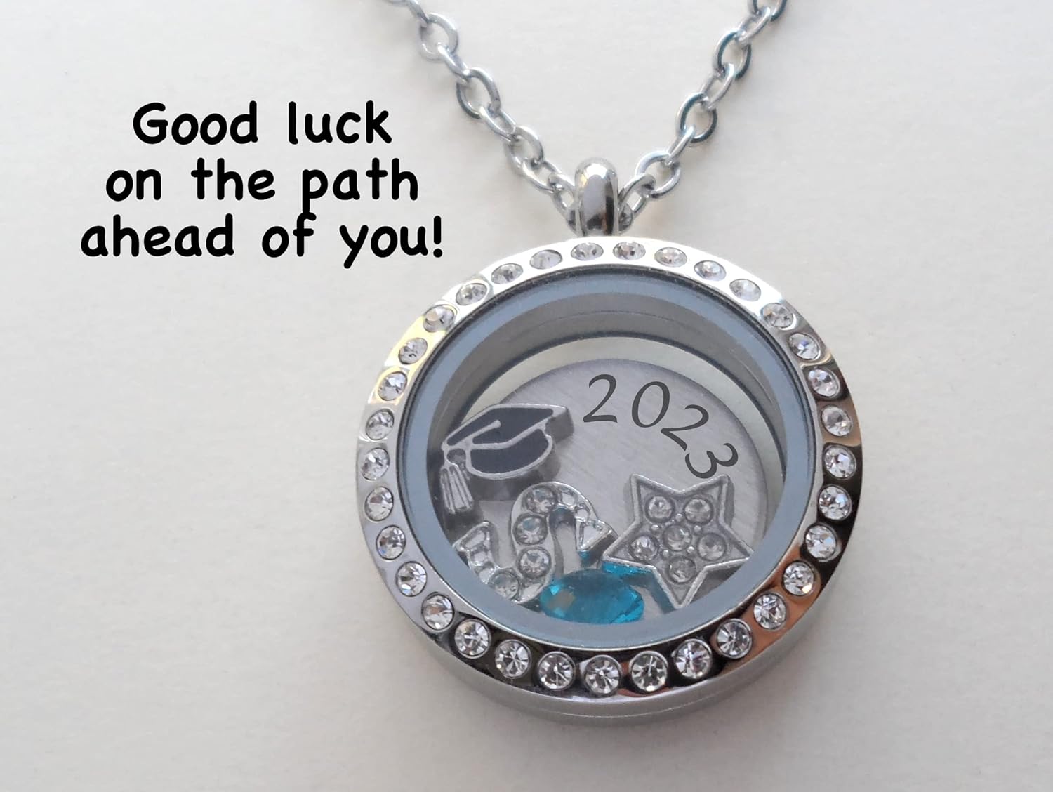 Custom Graduate Circle Floating Charm Locket Necklace, Stainless Steel Locket, Graduation Gift, Good Luck on the Path Ahead, Class of 2024 or Other