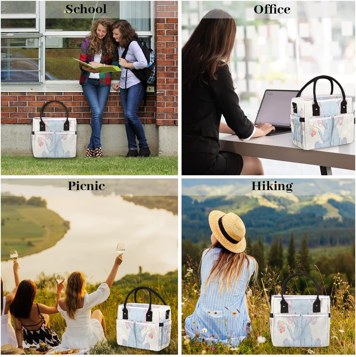 Linda bolsa de almuerzo con diseño de flores de elefante para mujer, bolsa de almuerzo aislada con bolsillos para correa para el hombro, para