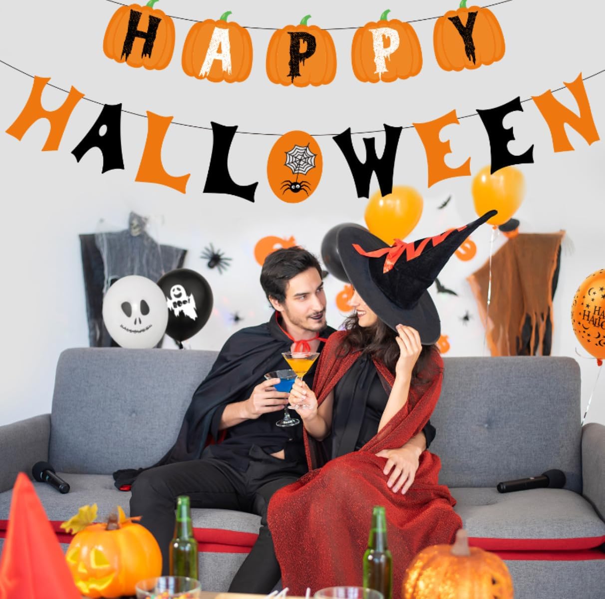 Juego de suministros de globos para fiesta de Halloween, incluye adornos para cupcakes, accesorios para fotos de selfies, pancarta de Halloween,