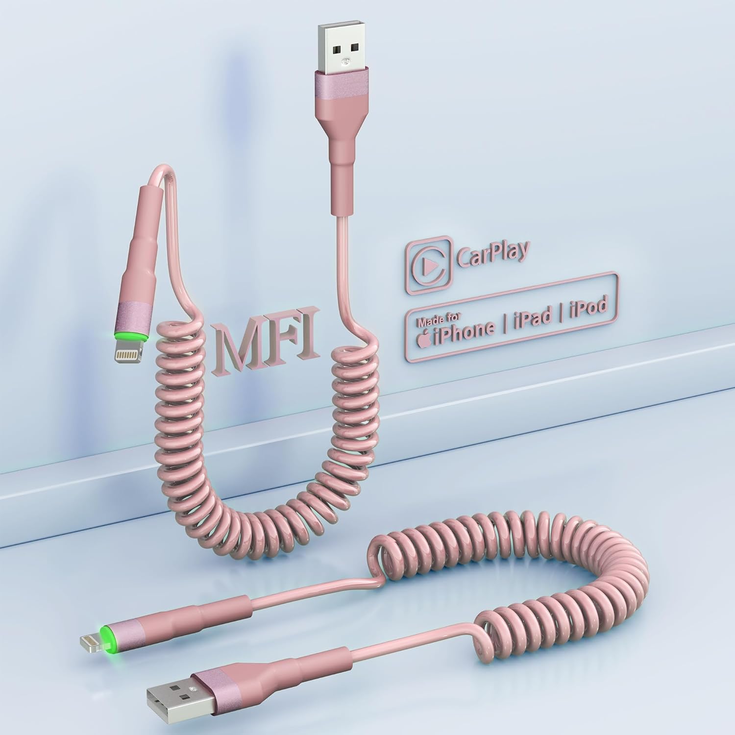 Cable Lightning en espiral para Apple Carplay, paquete de 2 cables de carga de iPhone para automóvil, certificado Apple MFi, cargador retráctil para