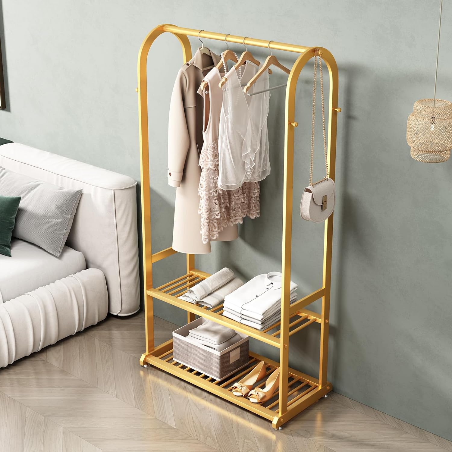 Perchero de ropa resistente, percheros dorados para colgar ropa, perchero de metal moderno con estantes dobles inferiores y 6 ganchos laterales para