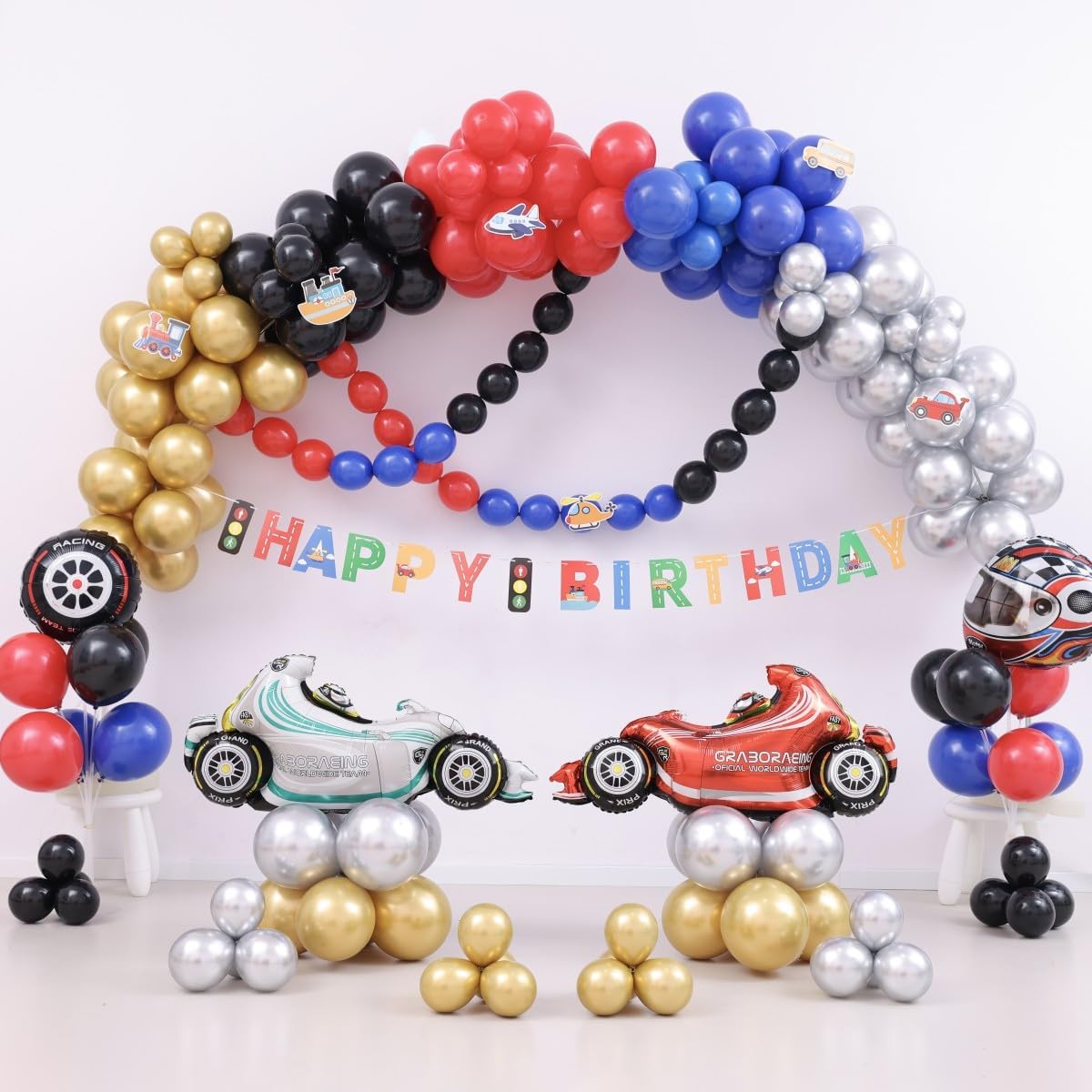 Suministros para fiesta de cumpleaños de coche de carreras decoración de primer cumpleaños para niños o niñas con casco de motor, globo de