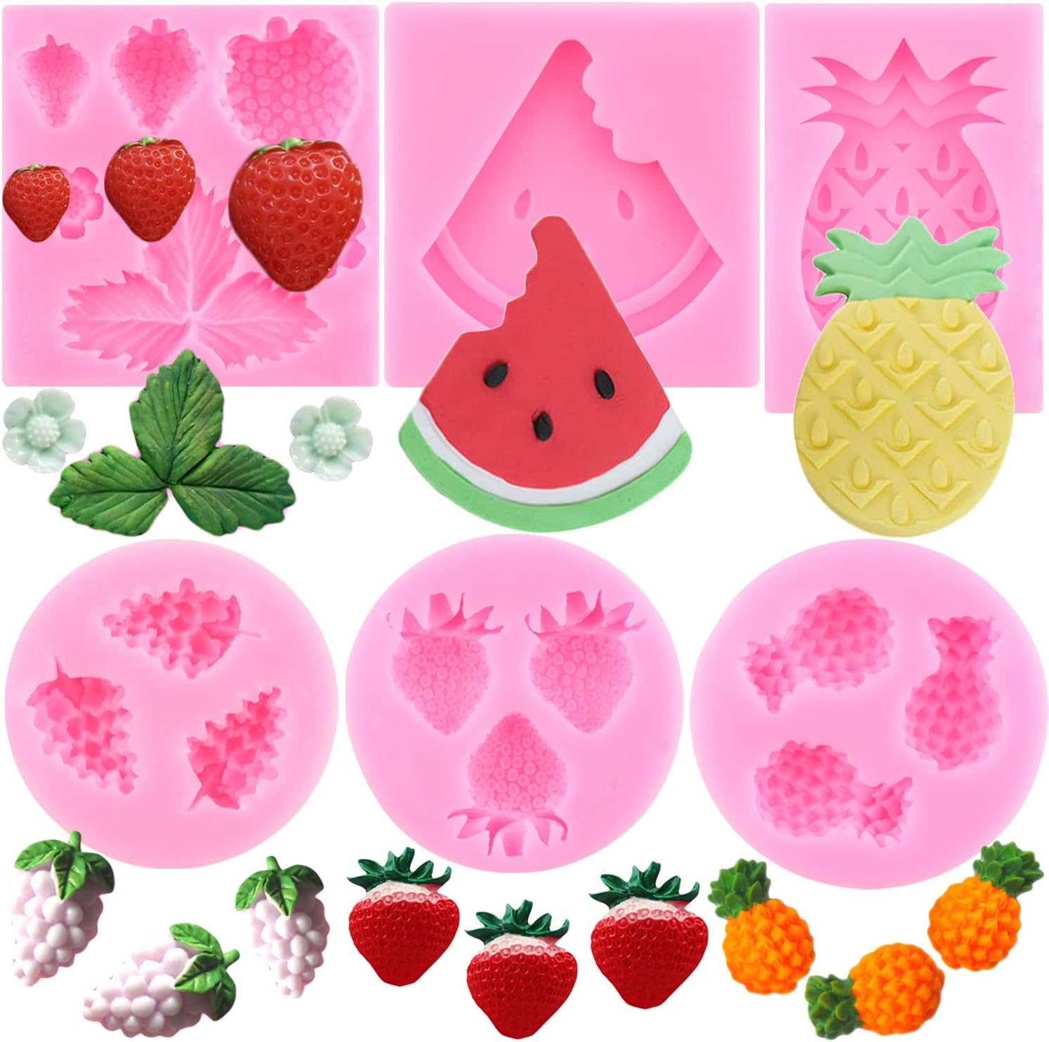Mujiang Mini moldes de silicona de frutas de fresa, piña, sandía, uva, fondant, para decoración de pasteles, decoración de cupcakes, caramelo de
