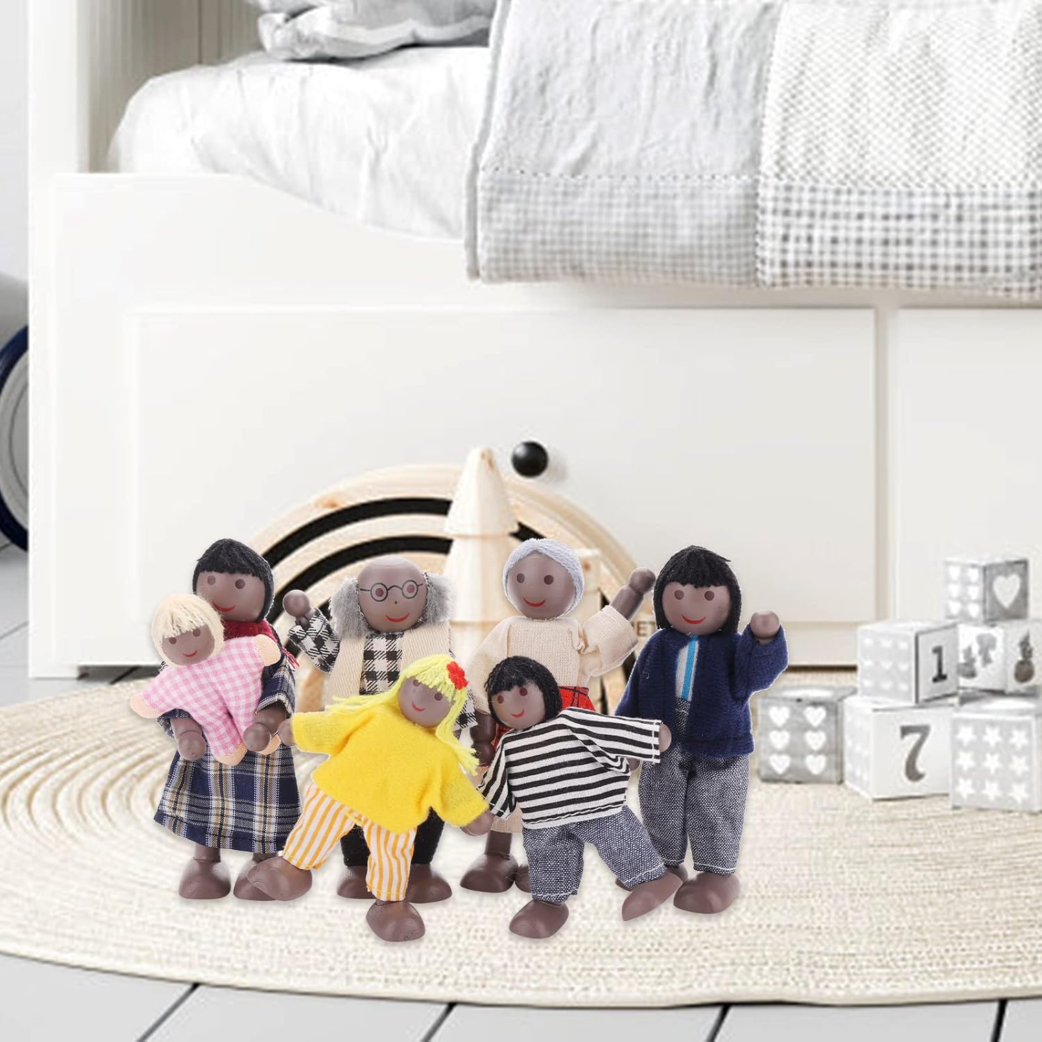 Figuras de casa de muñecas, 7 piezas de casa de muñecas de madera, muñecas familiares, mini muñecas familiares, figuras de juego de simulación en
