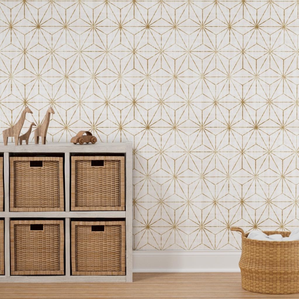 Spoonflower Muestra de papel tapiz extraíble – Star Geo Oro Blanco Triángulos geométricos Holiday Abstracto Minimalista Personalizado Pre-Pegado