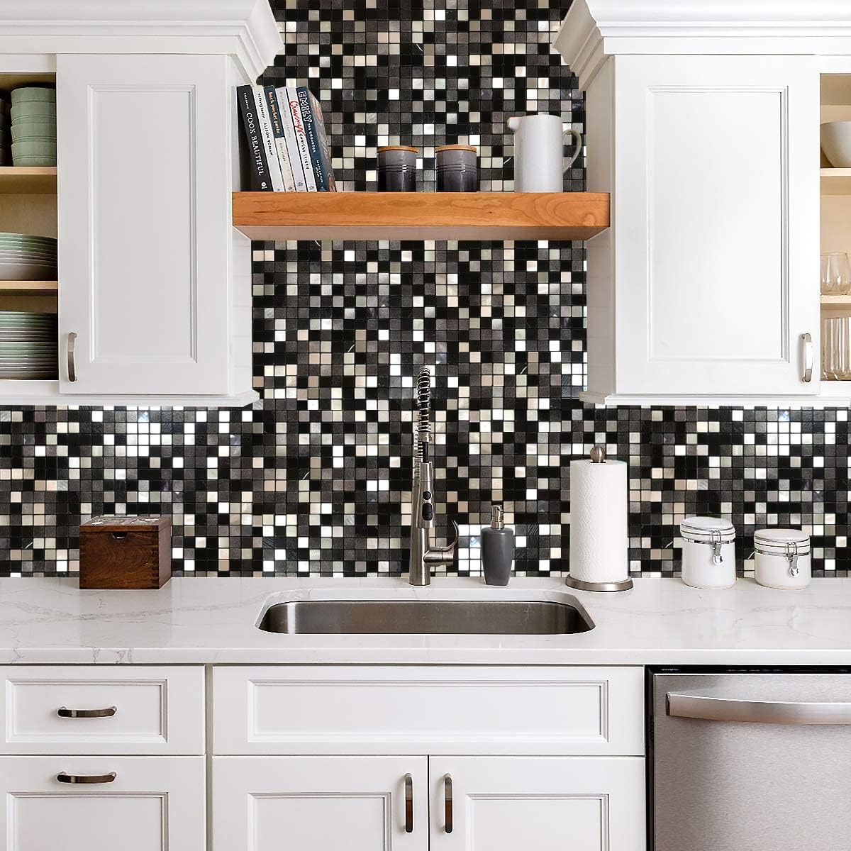10 hojas autoadhesivas de mosaico de aluminio para despegar y pegar, azulejos de metal 3D para pared contra salpicaduras para cocina y baño (12 x 12