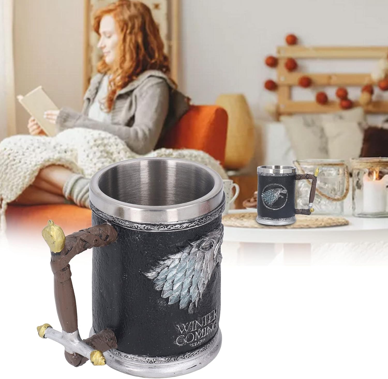Nordic Viking Rune – Taza de acero inoxidable tipo jarra, taza de cerveza de barril de madera, taza vikinga grande de cerveza de madera, jarra con