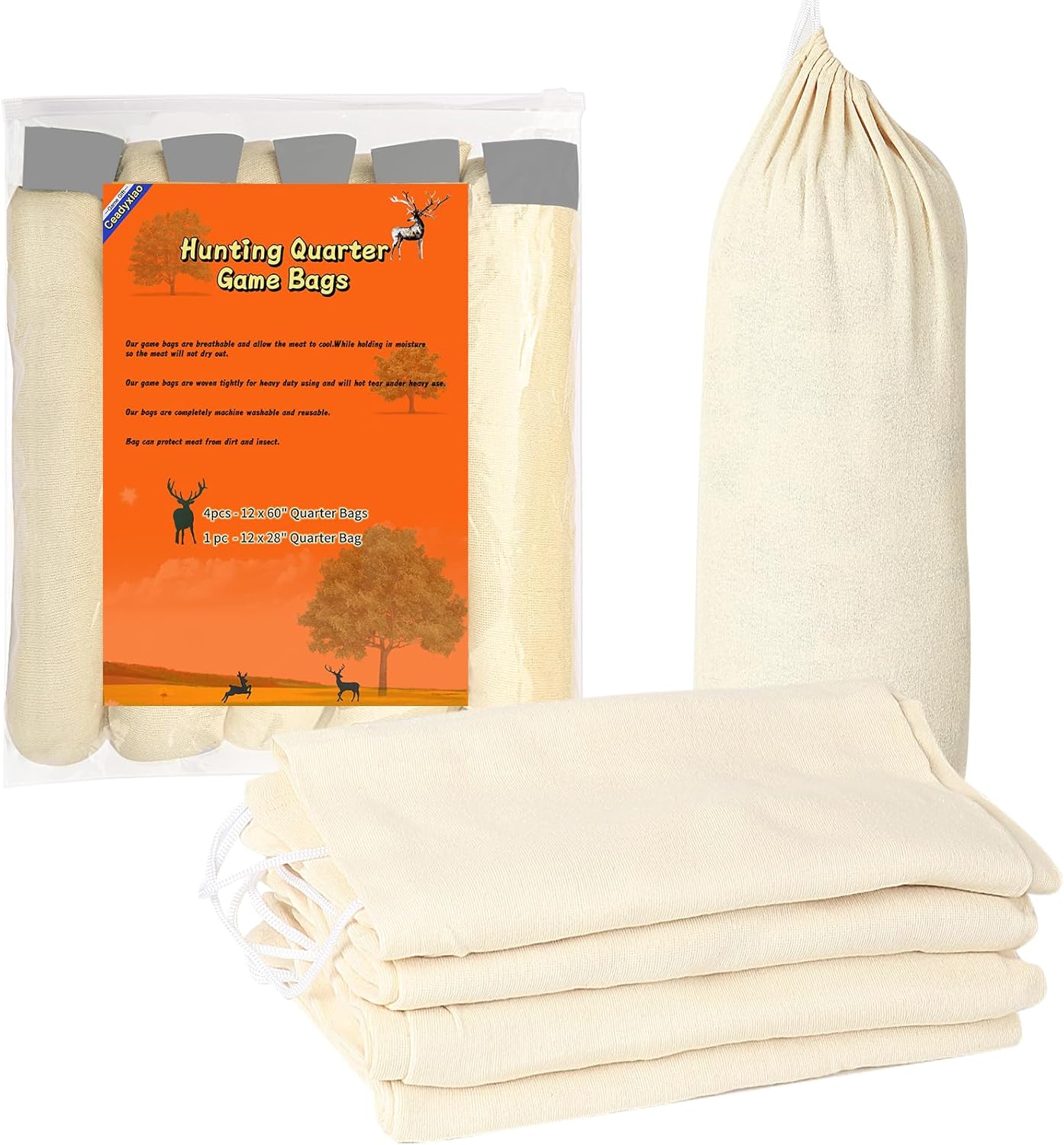 Reusable Elk Game Bags Hunting Meat, 5-Pack Meat Game Bags, Rolled Heavy Duty Quarter Bags, Big Game Bags for Elk, Caribou, Deer
