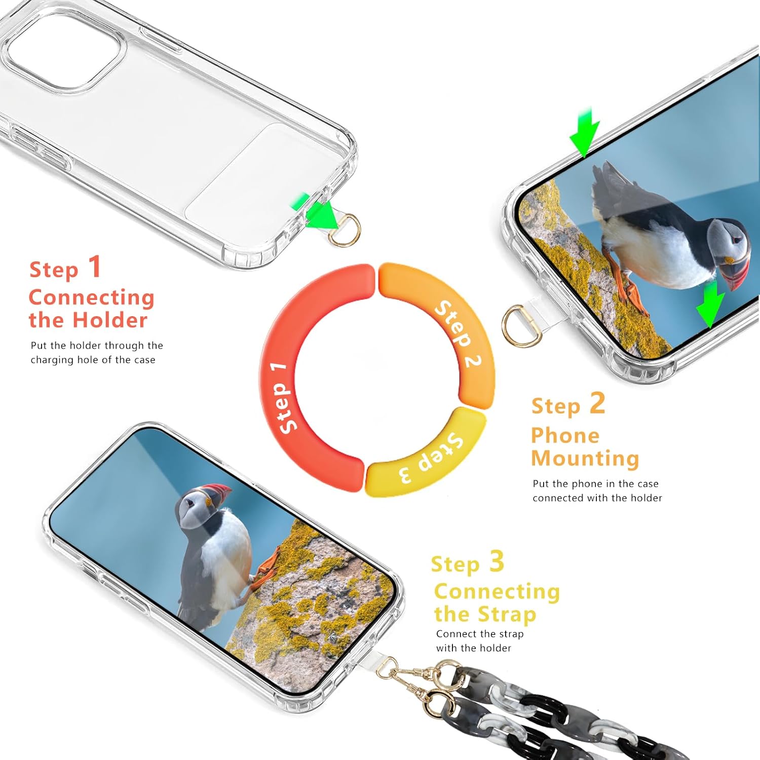 Correa cruzada para teléfono celular, correa de cadena ajustable para teléfono con 2 almohadillas de TPU, funciona con iPhoneSamsung, cadena de