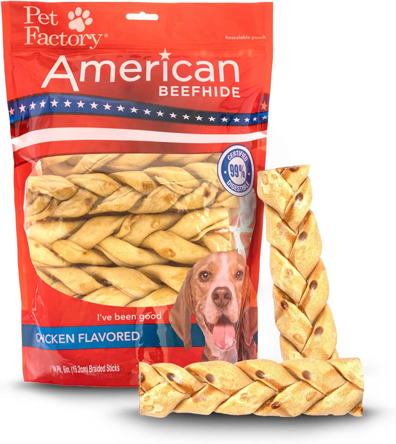 Pet Factory American Beefhide – Palitos trenzados de 6 pulgadas para perros, sabor a pollo, 14 unidades1 paquete