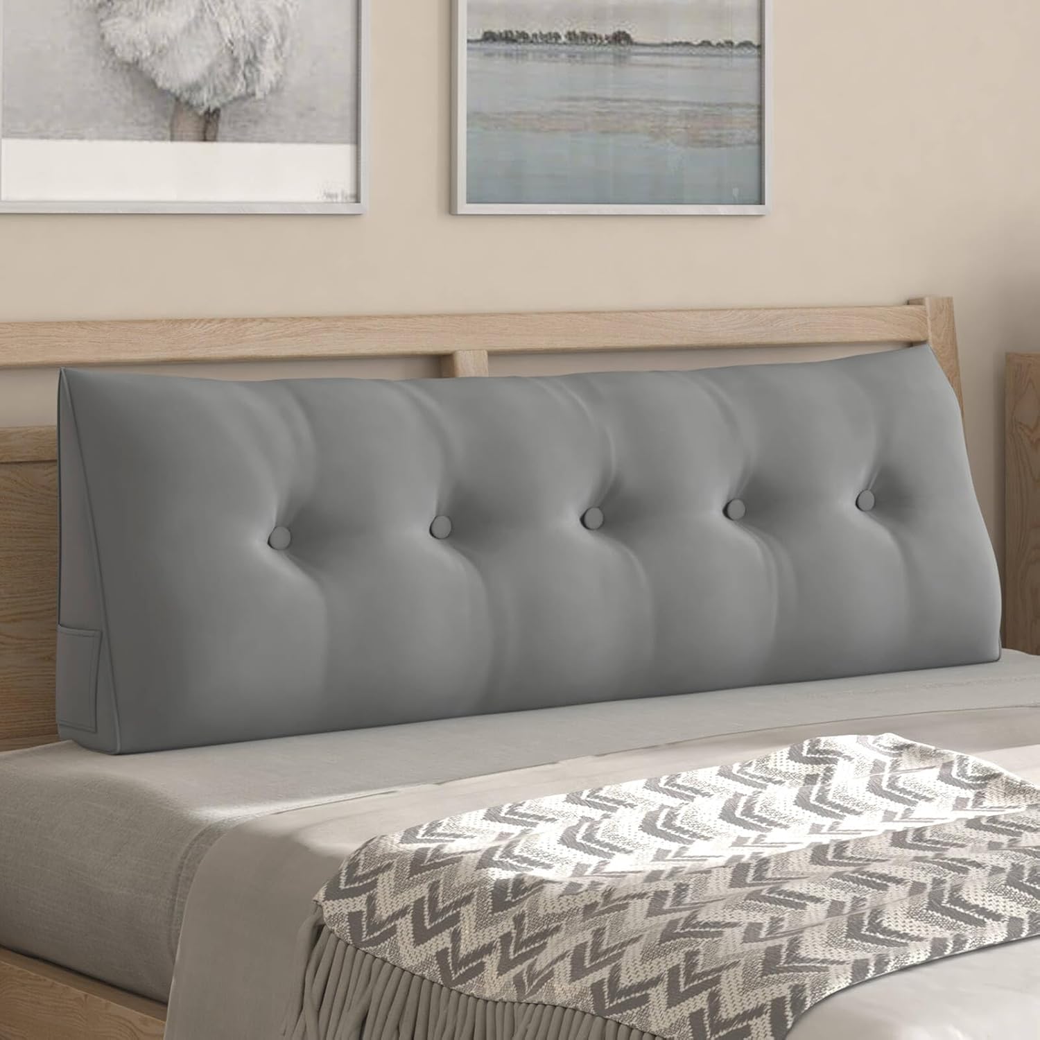CECER Almohada de cabecera de cama matrimonial, almohada triangular grande para lectura con dos bolsillos laterales, cojín largo de cuña para cama o