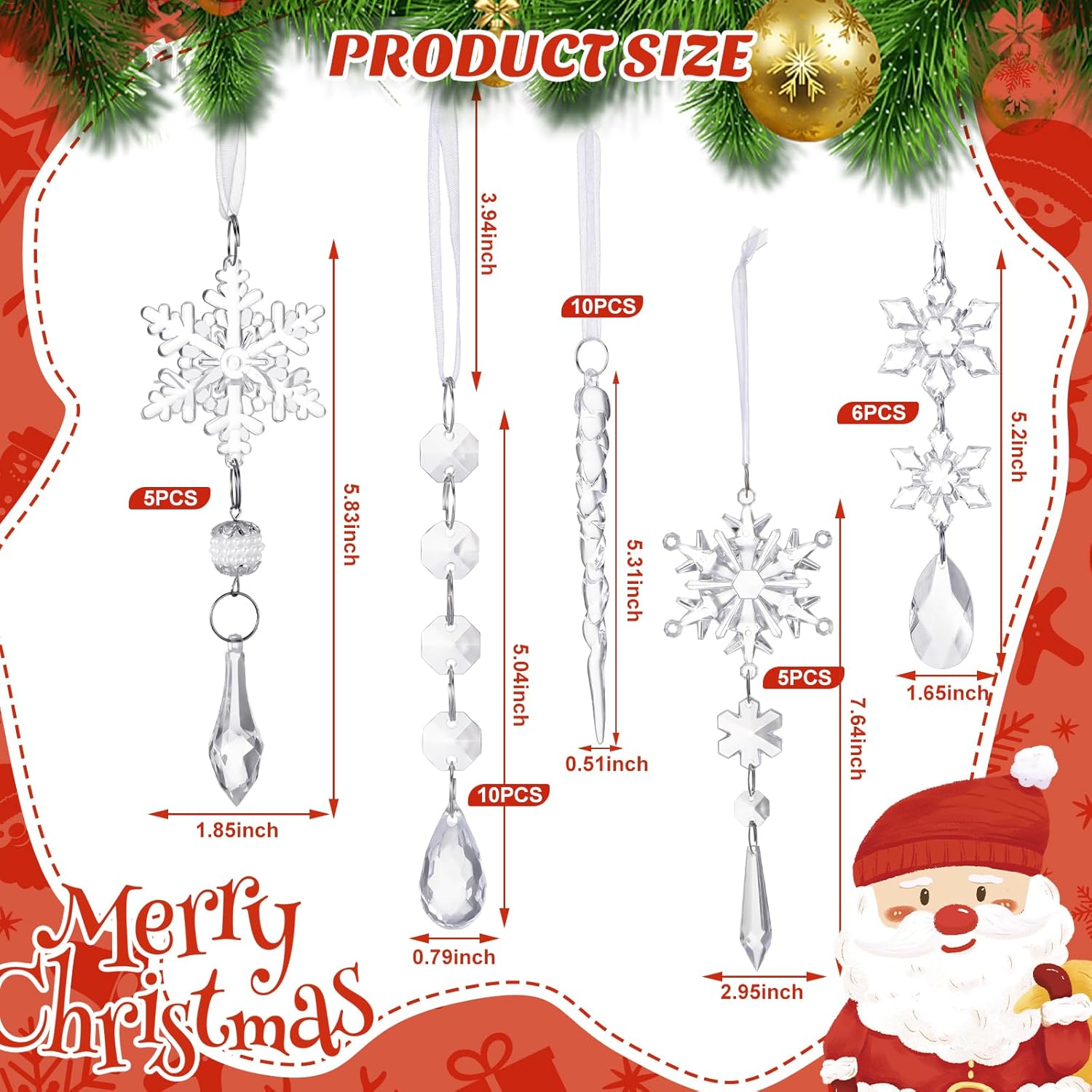 Soaoo 36 adornos de Navidad de cristal para decoración de árbol de Navidad, carámbano acrílico de copo de nieve con colgantes de gota, decoración de