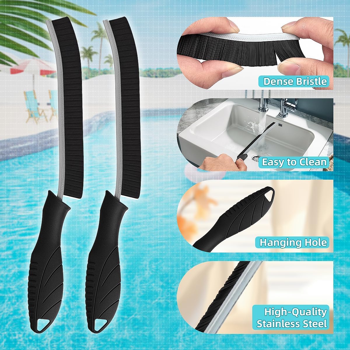 Paquete de 2 cepillos de limpieza, cepillo de piscina, cepillo de lechada, cepillo para fregar con mango negro, suministros de limpieza profunda