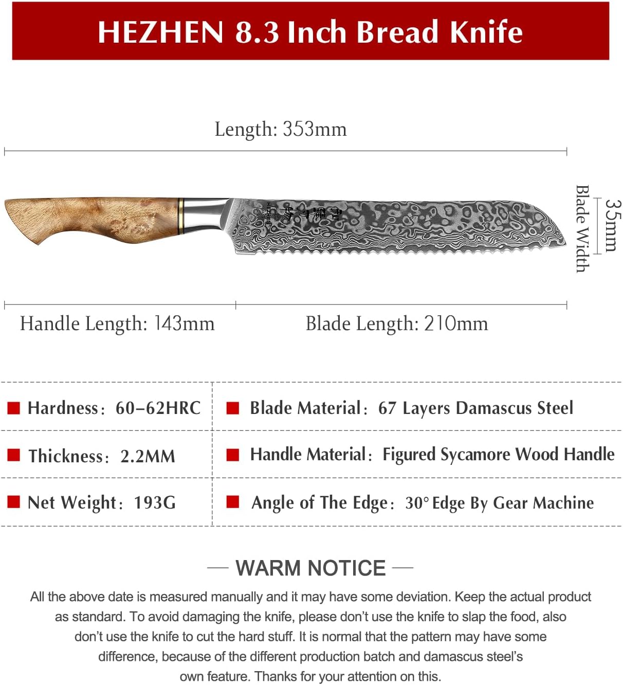 HEZHEN Cuchillo de pan dentado de 8.3 pulgadas, cuchillo de acero de Damasco, cuchillo de cocina de acero de alto carbono, mango de madera y caja de