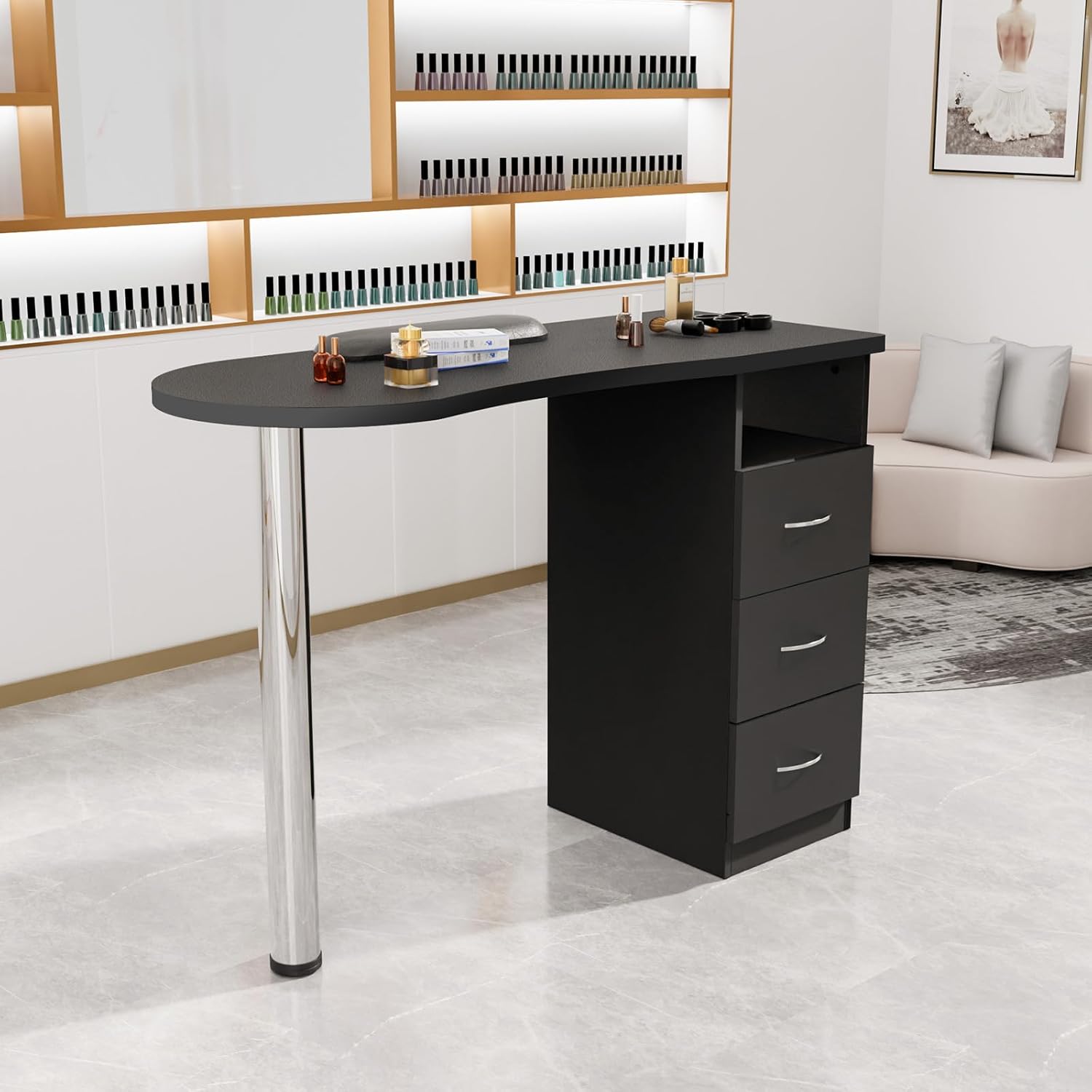 Mesa de manicura con 3 cajones y cojín para reposamuñecas para tecnología de uñas, salón de belleza, spa, hogar, estación de trabajo de técnico de