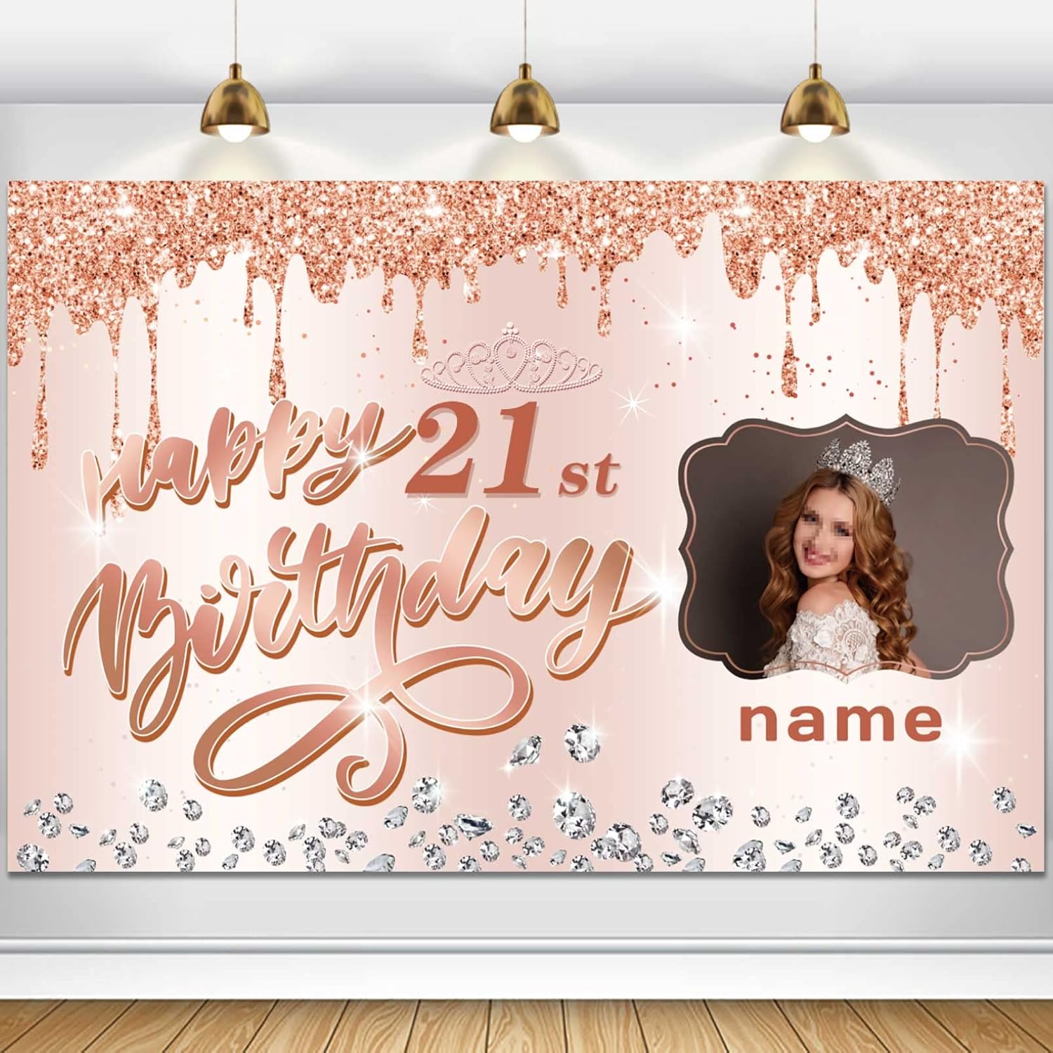 Cartel personalizado de decoración de cumpleaños número 21 con tema de oro rosa – Cartel de tela personalizado para suministros de fiesta de