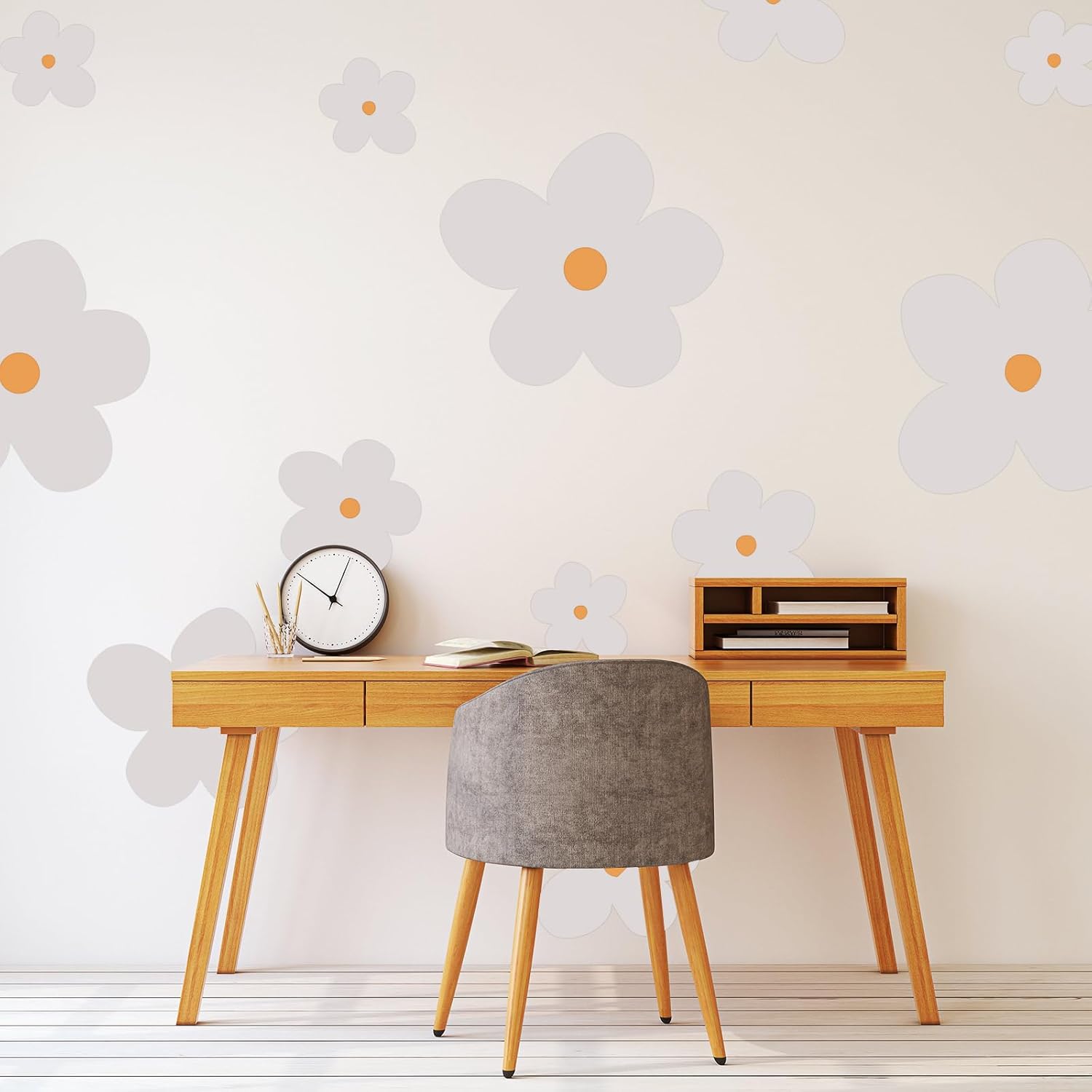 Whaline 28 calcomanías de pared de margaritas grandes, diseño de margaritas boho, beige, despegar y pegar, decoración de pared floral, vinilo para