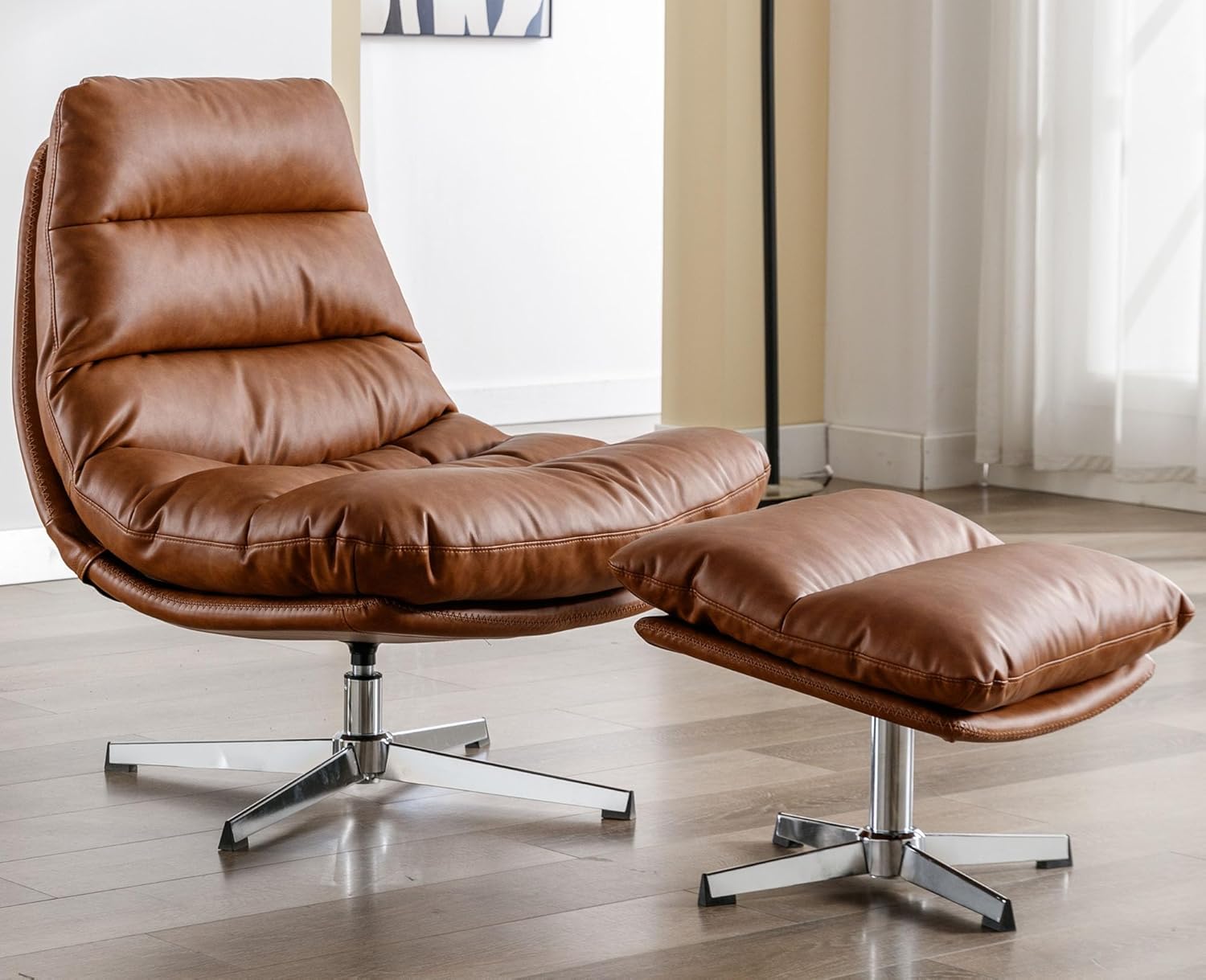 VESCASA Silla decorativa giratoria tapizada con otomana, silla de lectura Leathaire con reposapiés, cómodo juego de sillas de descanso con taburete