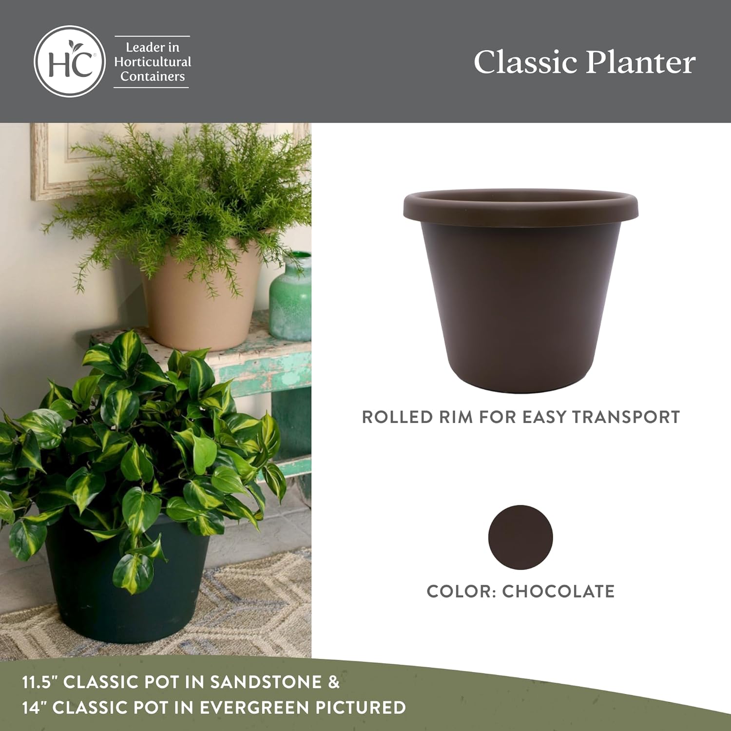 The HC Companies – Maceta redonda clásica de 11.5 pulgadas, maceta de plástico para flores, hierbas y plantas de interiores y exteriores, color