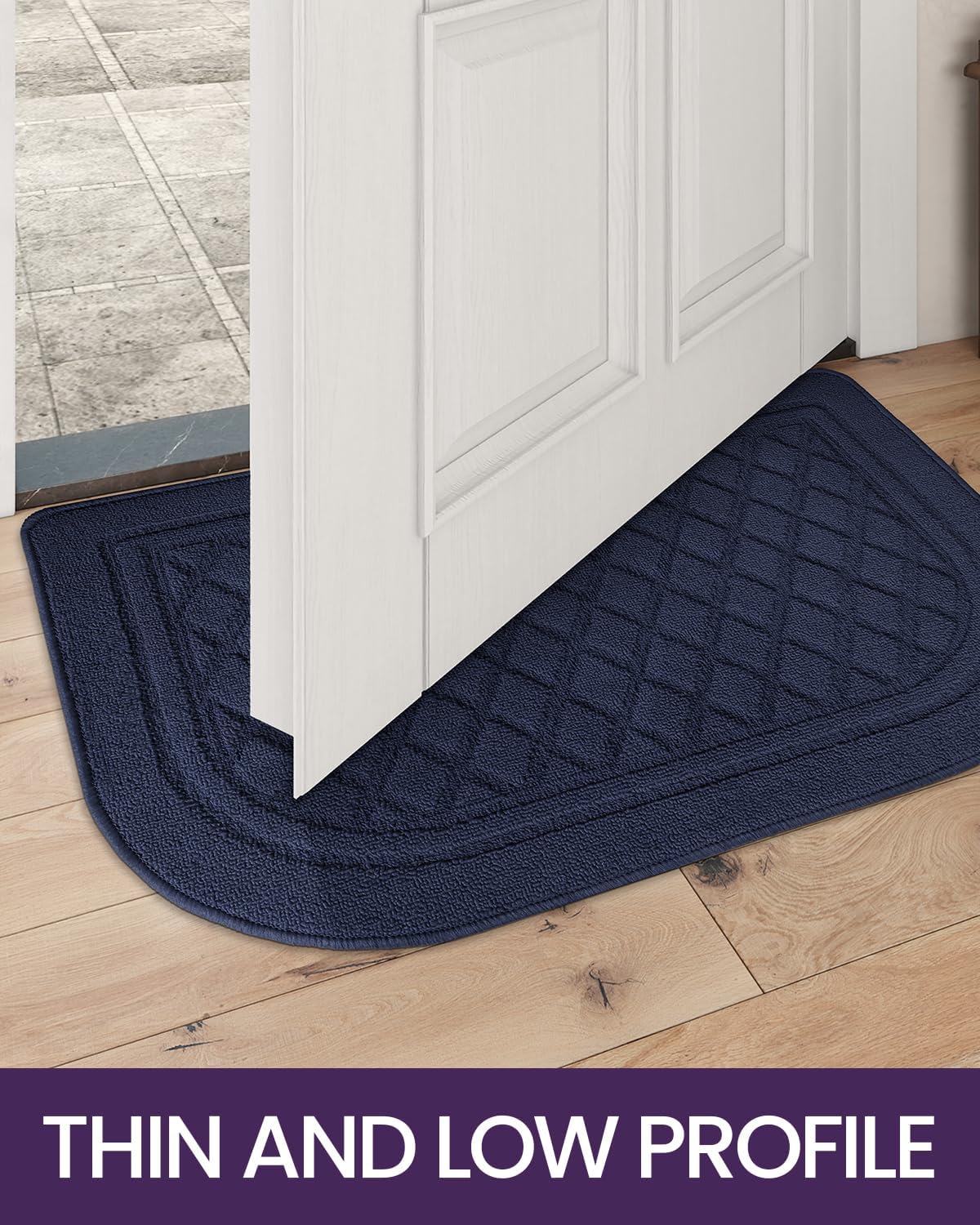 DEXI Tapete para puerta de interior, de perfil bajo, antideslizante, lavable, medio redondo, para entrada, cocina, 24 x 36 pulgadas, color azul