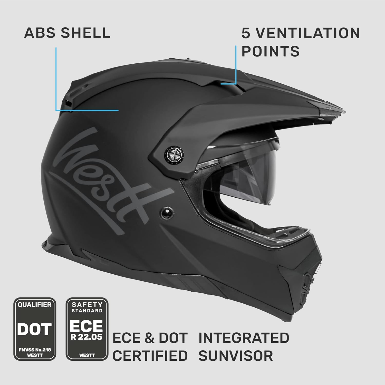 Westt Casco deportivo dual de motocicleta todoterreno para adultos, casco de motocicleta de doble visera, casco de cara completa, ATV UTV, casco de