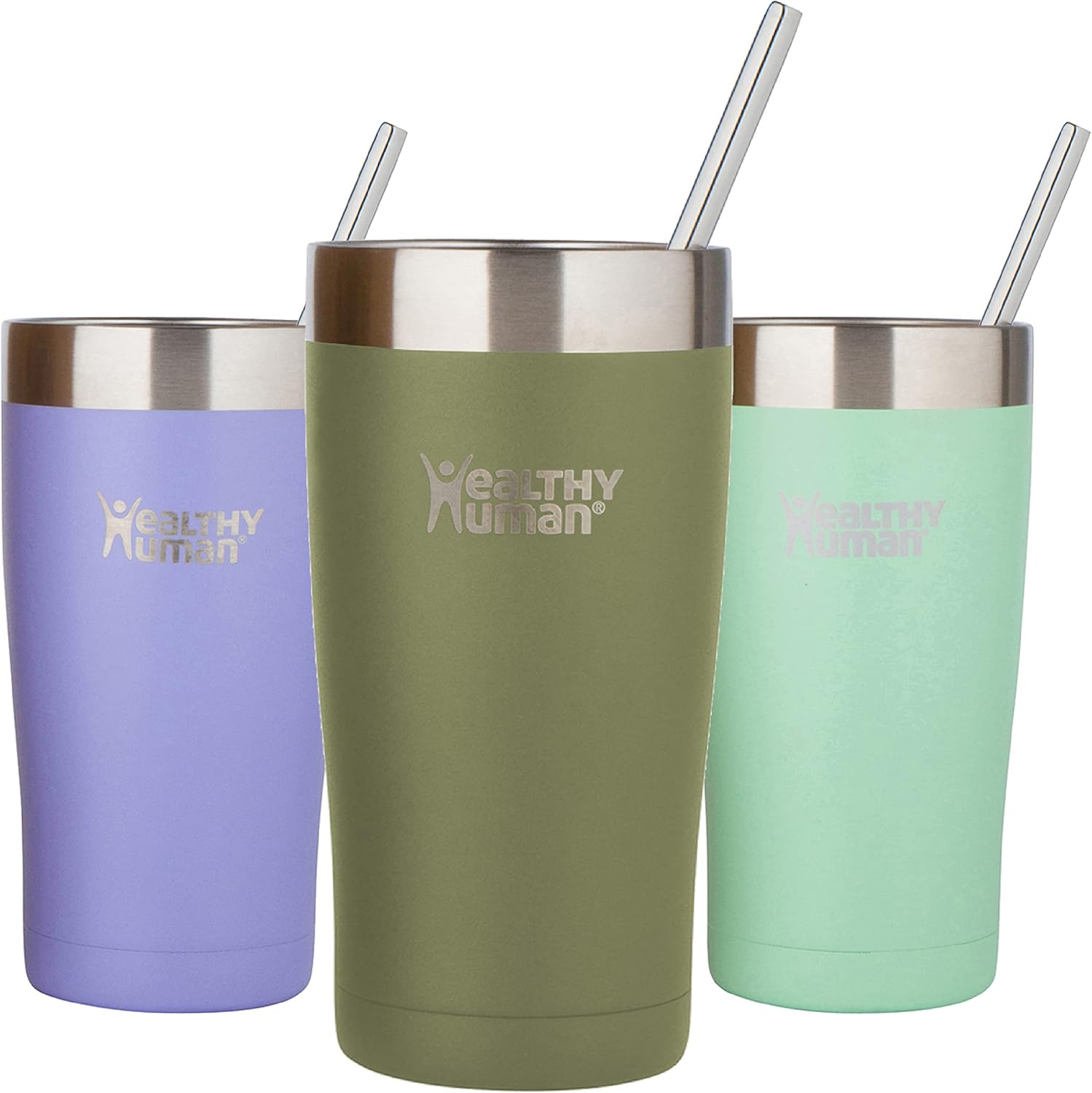 Vaso de viaje de acero inoxidable con aislamiento humano, con pajita y tapa, Verde oliva