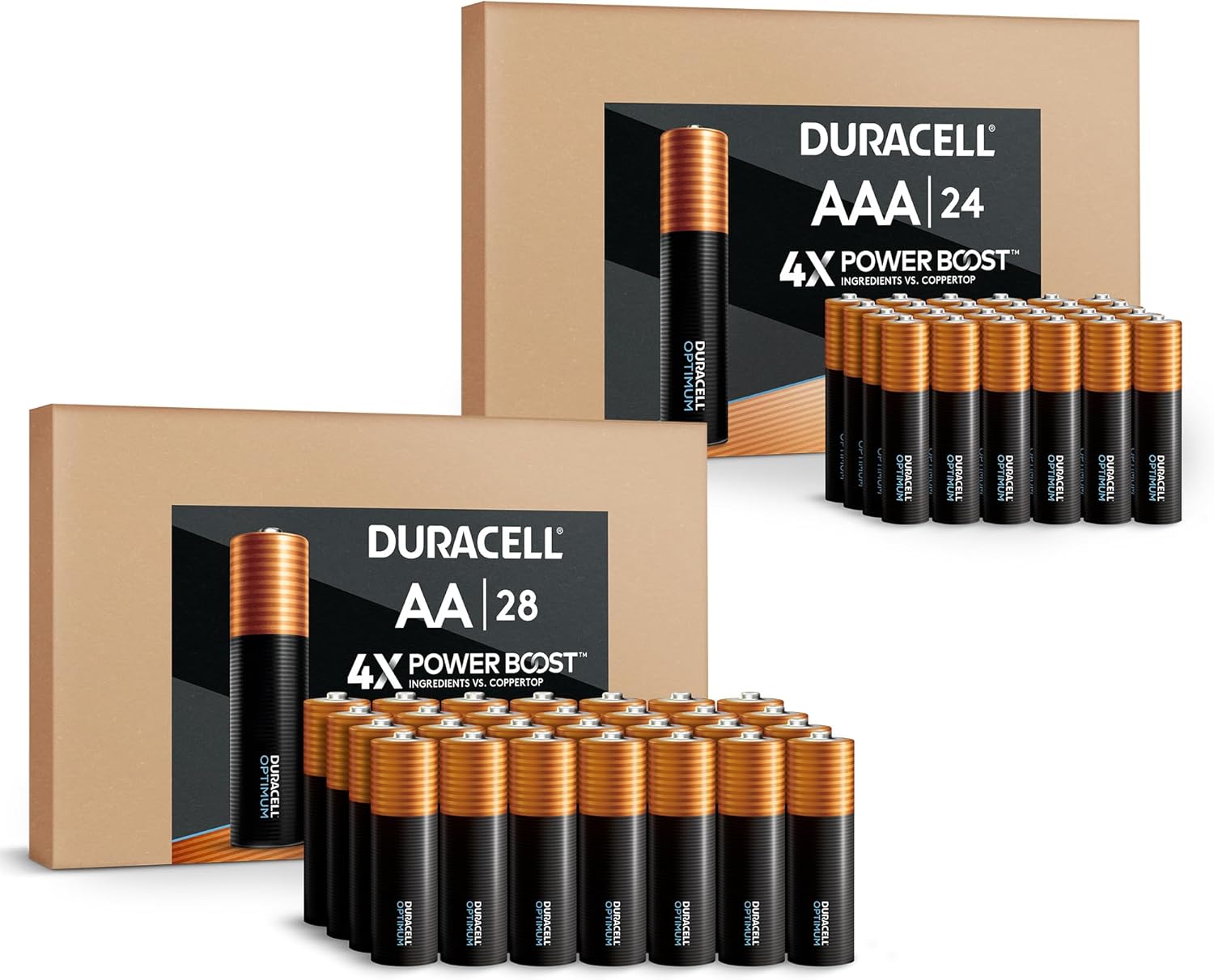 Duracell Optimum – Paquete combinado de baterías AA + AAA, 28 unidades + 24 pilas doble A y triple A con ingredientes Power Boost, batería alcalina,