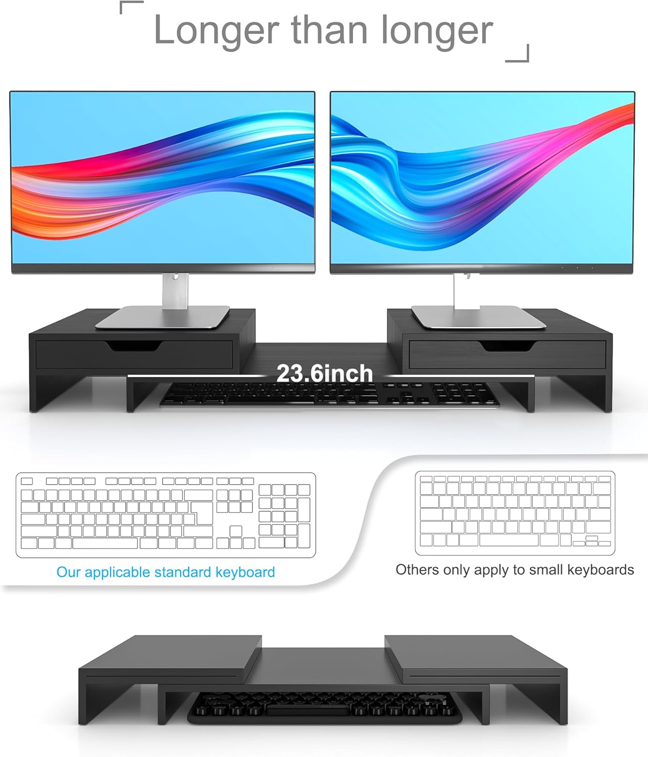 Epesoware Soporte de monitor con 2 cajones para escritorio, soporte de bambú para monitor doble con almacenamiento, organizador de estante de