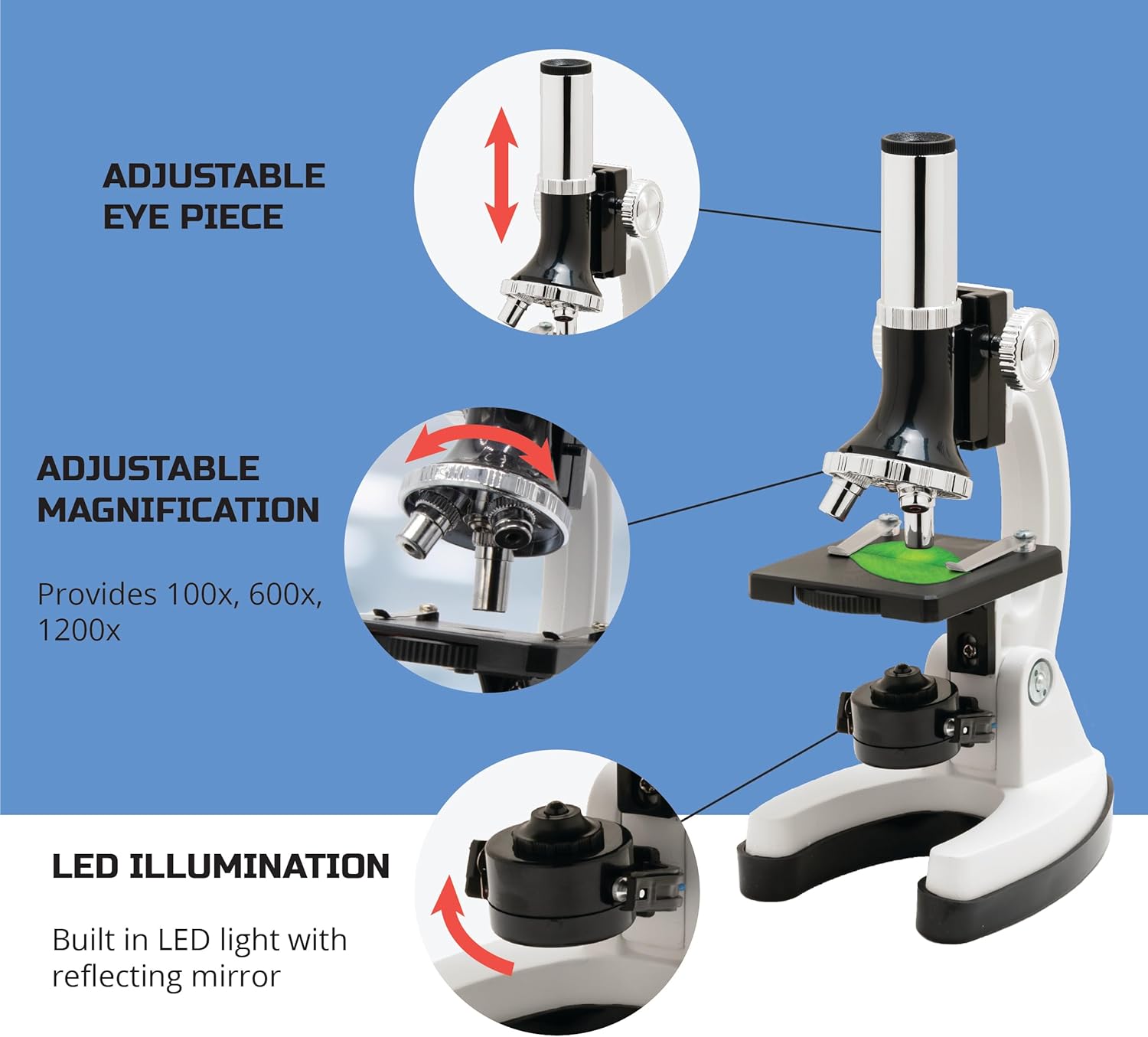 Discovery #MINDBLOWN – Juego de microscopio de 48 piezas con marco de metal duradero, aumento de 100X a 1200X, juego completo con tubos de ensayo,