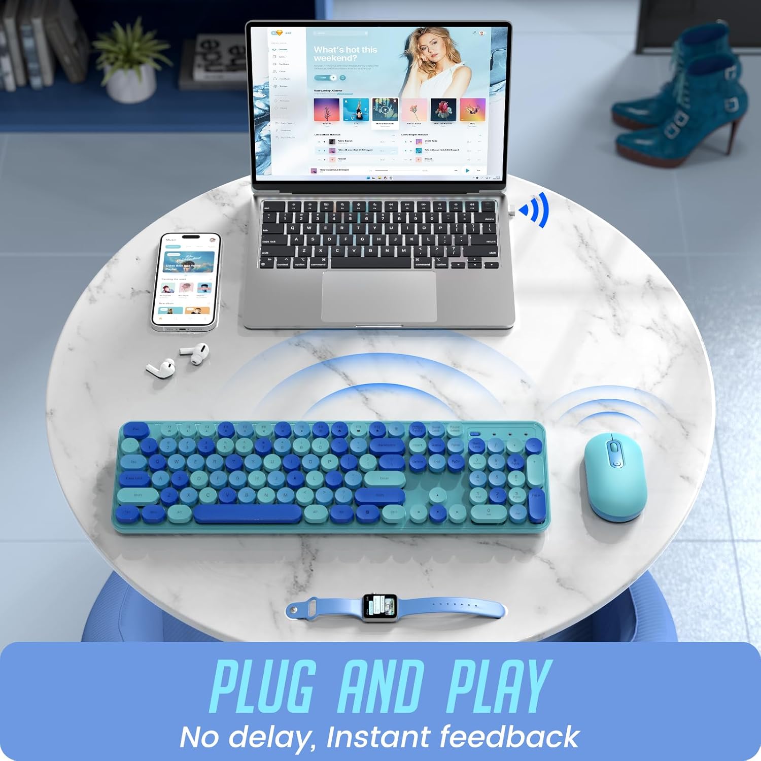LIZRROT – Teclado y mouse inalámbricos, teclado y mouse combinados, teclado colorido de tamaño completo con teclas redondas, bonito mouse de 2.4 G
