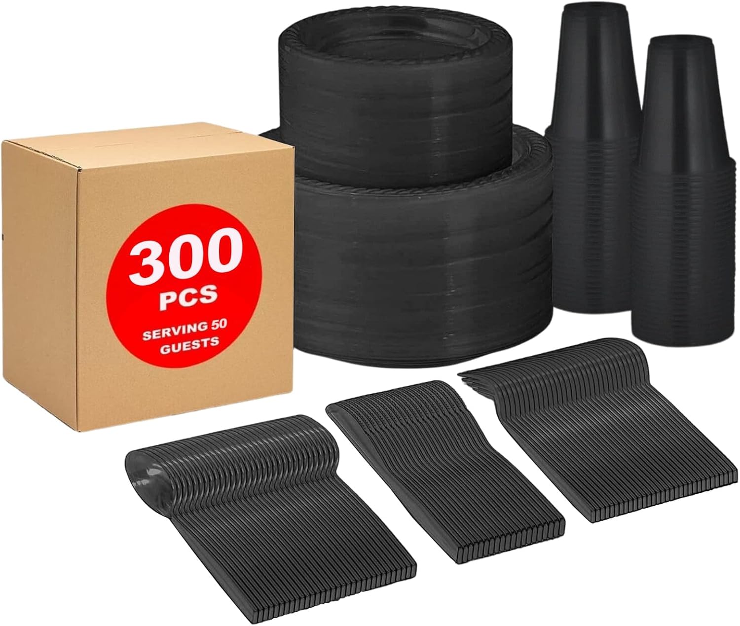 Juego de vajilla negra desechable de 300 piezas para 50 invitados, juego de vajilla de plástico para microondas de 50 platos de 9 pulgadas, 50