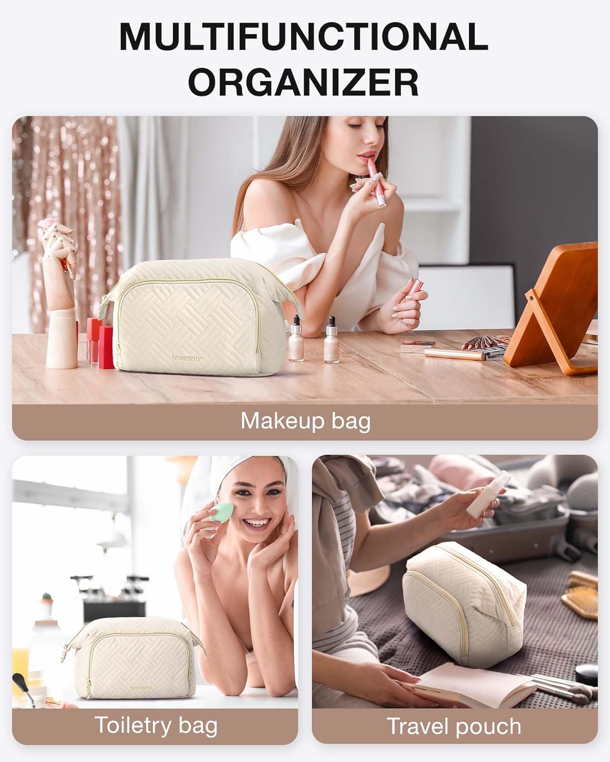 BAGSMART Bolsa de maquillaje de viaje, bolsa de cosméticos, estuche organizador de maquillaje, bolsa grande de apertura amplia para mujeres, bolso