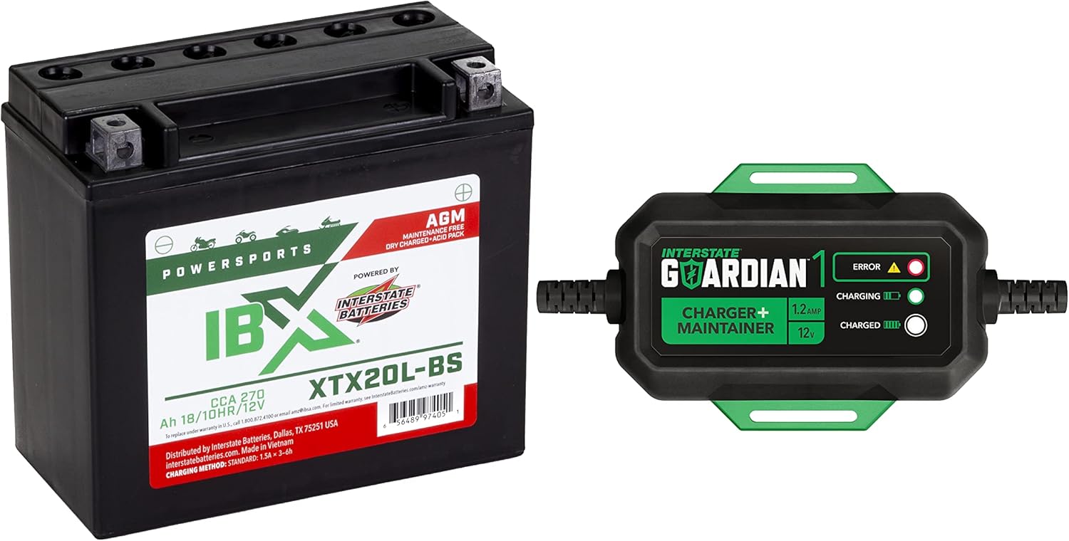 Interstate Batteries YTX20L-BS Powersports – Batería y cargador de 12 V, 1.2 A (paquete), batería AGM de 12 V 18 Ah para motocicletas, cuatrimotos,