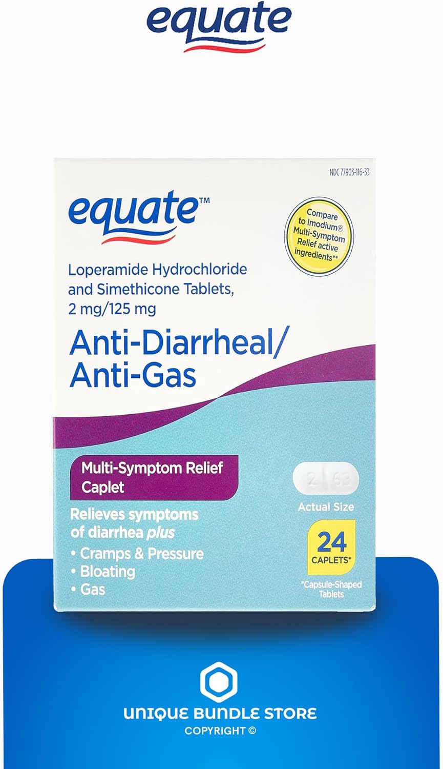 Unique Bundle Store Equate – Clorhidrato de loperamida, cápsulas de 24 unidades, alivio multisíntoma antidiarreico y antigas + organizador de