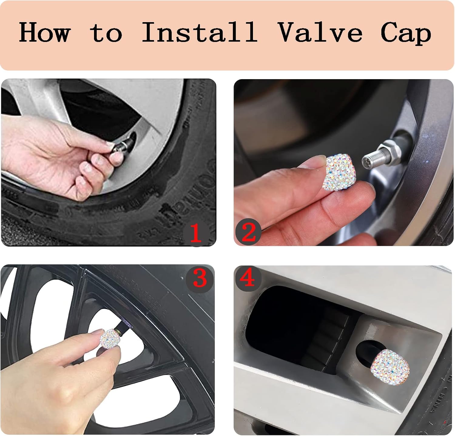 Bling Car Tire Valve Stem Caps, 4Pcs Universal Shinny Tire Air Valves Stem Caps, Sparkling Tire Valves Caps Dustproof for Most Cars, Motorcycles,