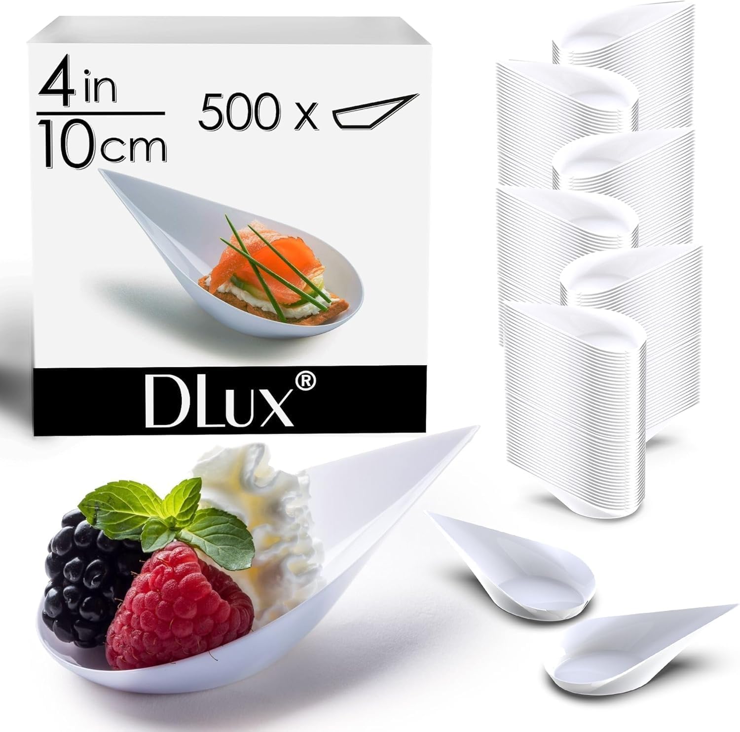DLux 500 mini platos para aperitivos de 4 pulgadas, cucharas de plástico blanco reutilizables, platos de postres y aperitivos, platos para servir,