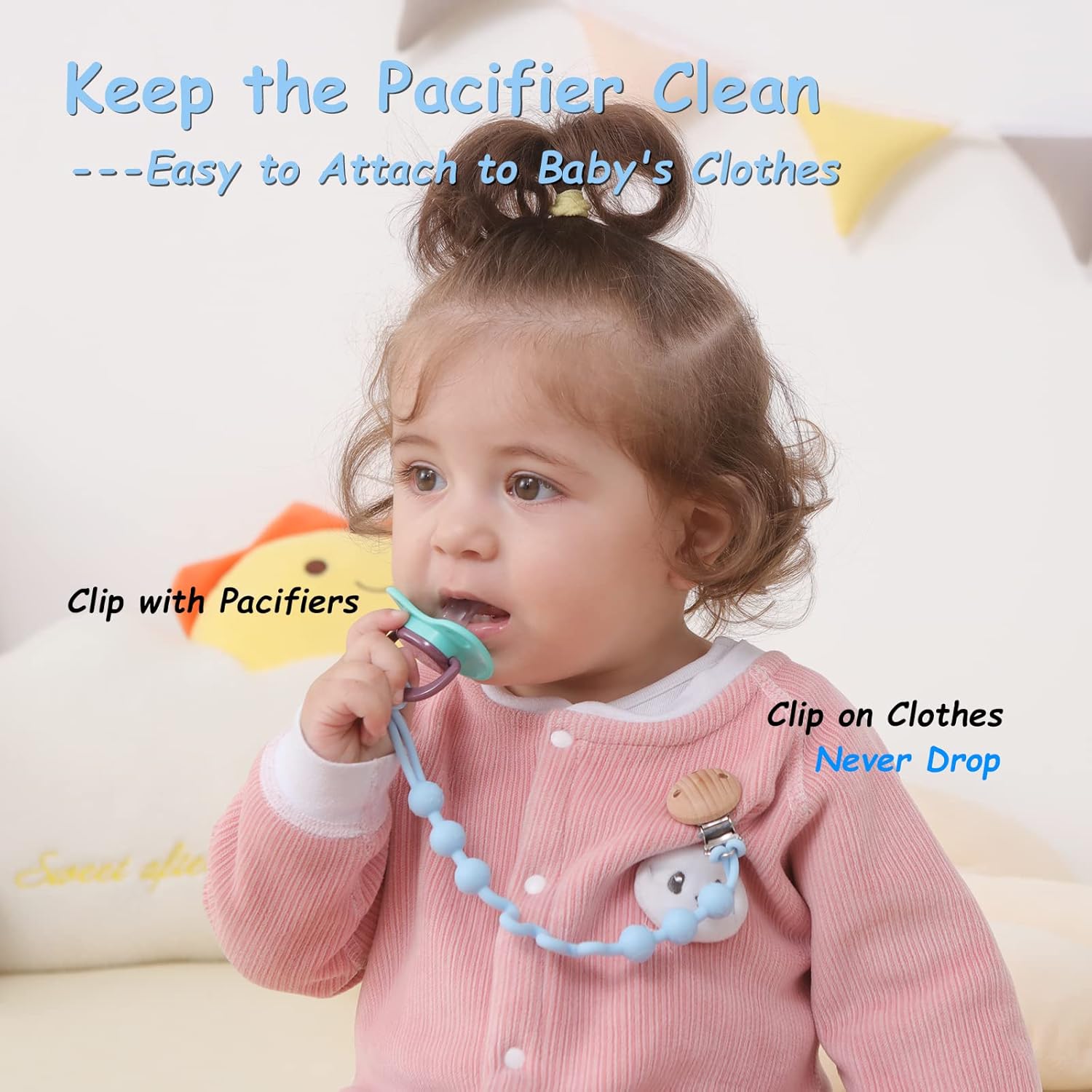 Seposeve Clip de silicona para chupete con resorte ajustable, paquete de 2 clips para chupete para bebés, niños y niñas, correas suaves y flexibles