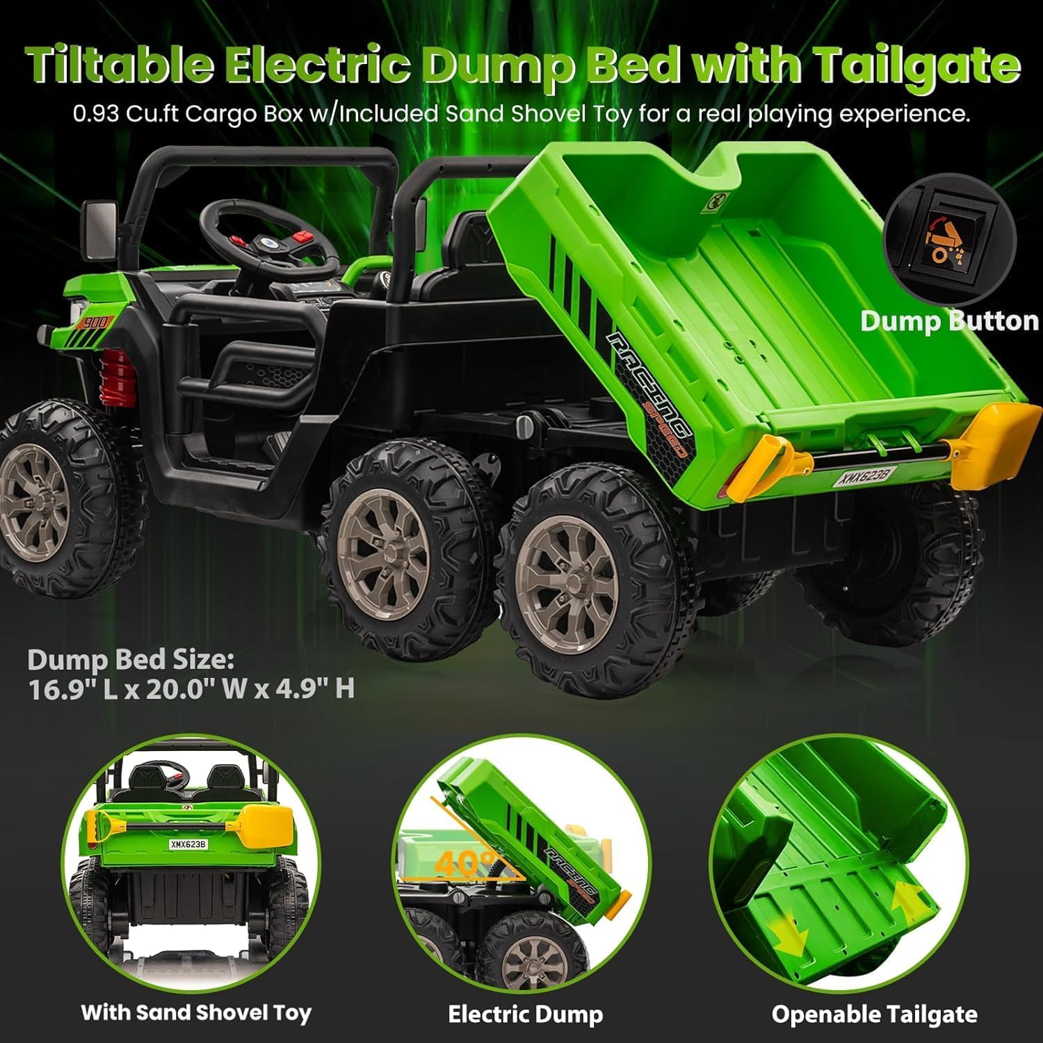 Camión volquete de 24 V 4WD 6×6 para niños con cama volquete eléctrica, auto de juguetes UTV alimentado por batería de 2 plazas con control remoto