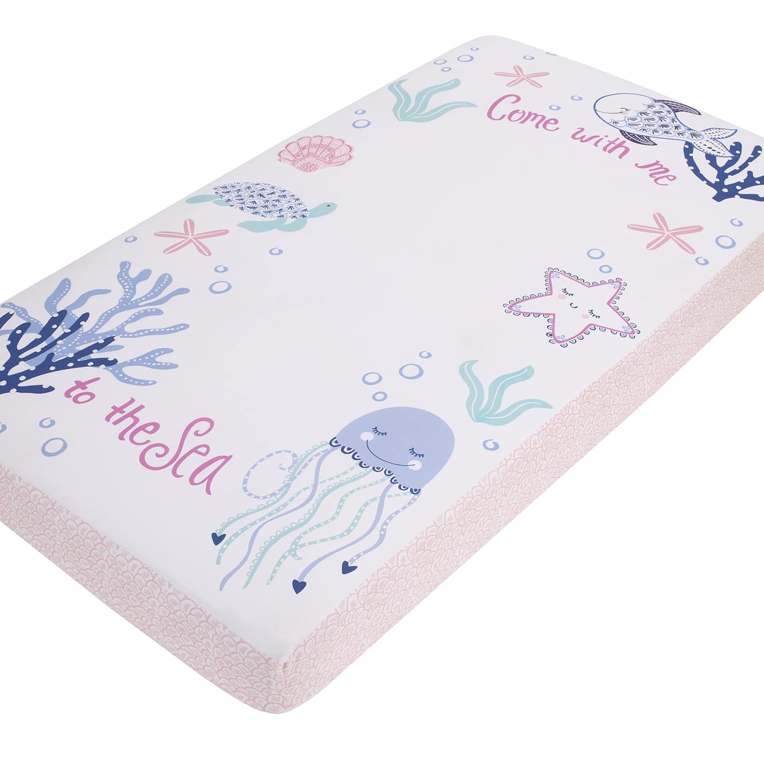 NoJo Mermaid Lagoon – Sábana bajera ajustable para cuna, color rosa, azul y blanco, 100% algodón con foto