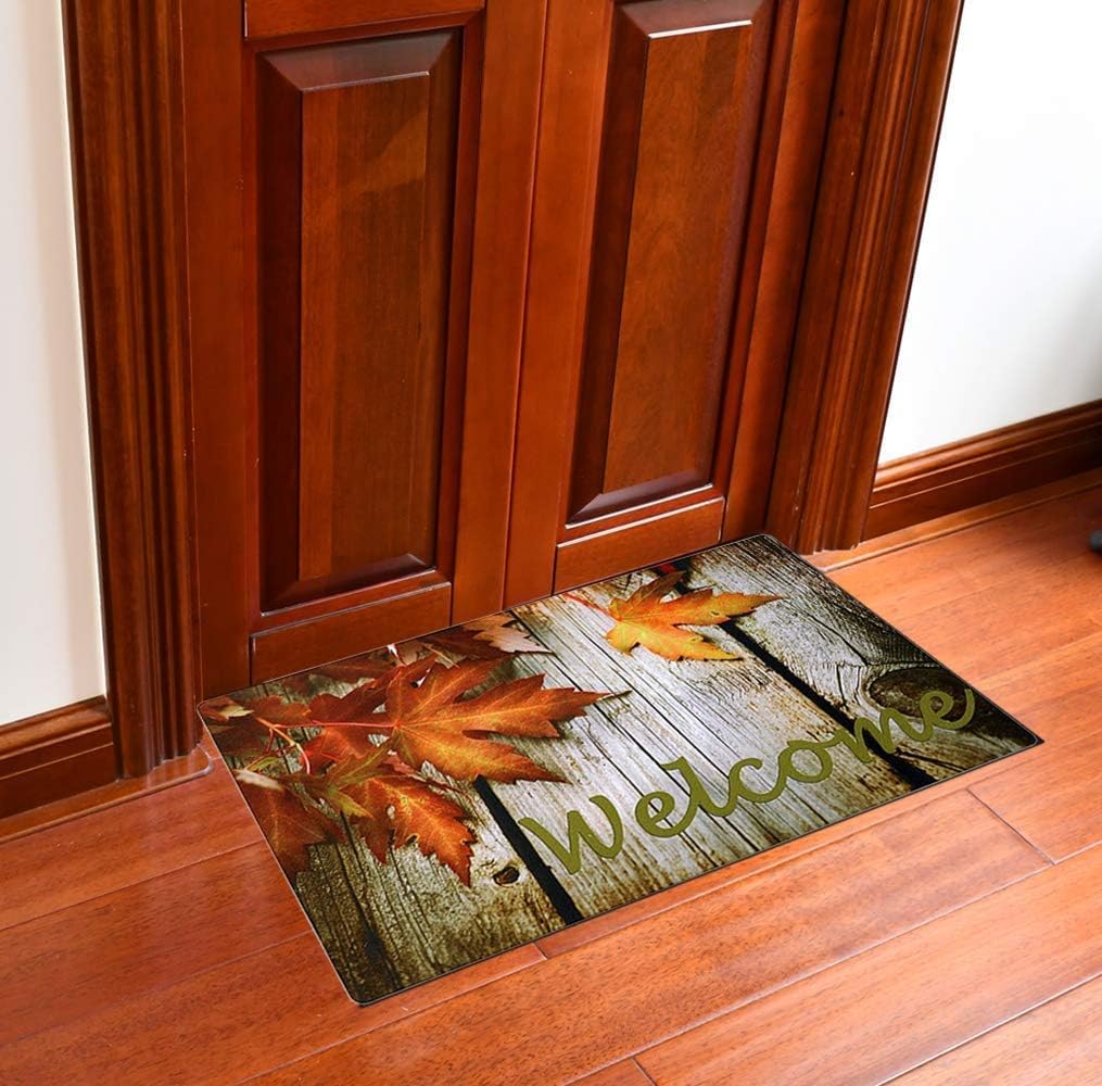 Linfevisi Tapete de bienvenida de otoño para interiores y exteriores, con hojas de arce, tapete de goma con estampado de temporada, absorbente para