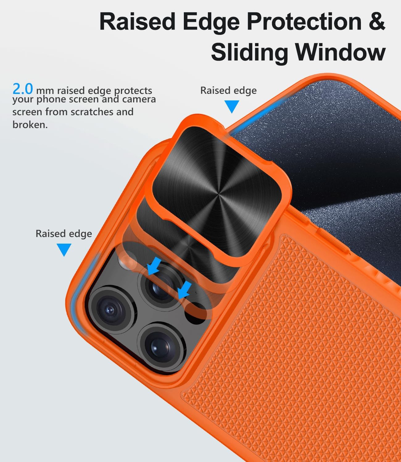 SIXBOX Funda delgada mejorada para iPhone 15 Pro Max, cubierta deslizante integrada para cámara y borde de parachoques de TPU, funda rígida de