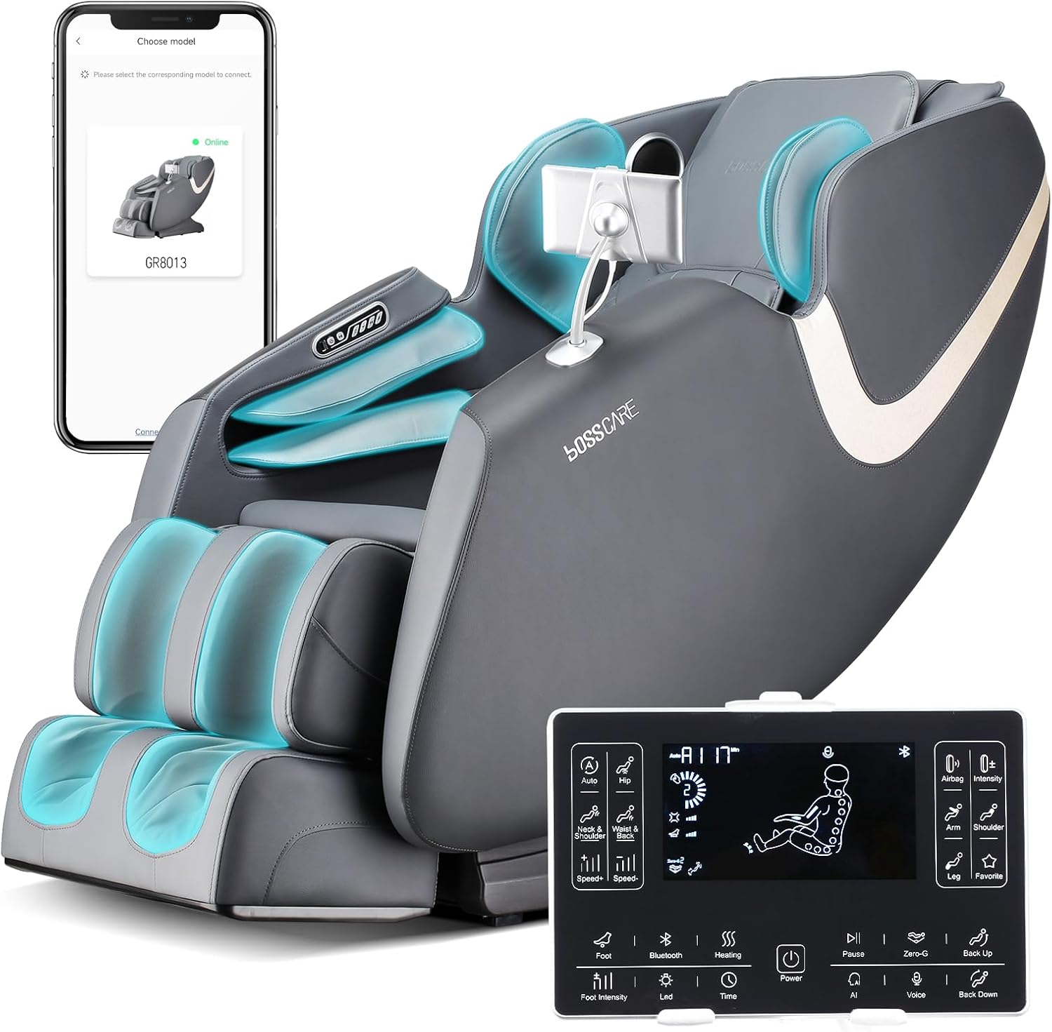 Silla de masaje de cuerpo completo de gravedad cero 2024, control de aplicación Shiatsu masaje reclinable con rodillo de pie, calefacción trasera,