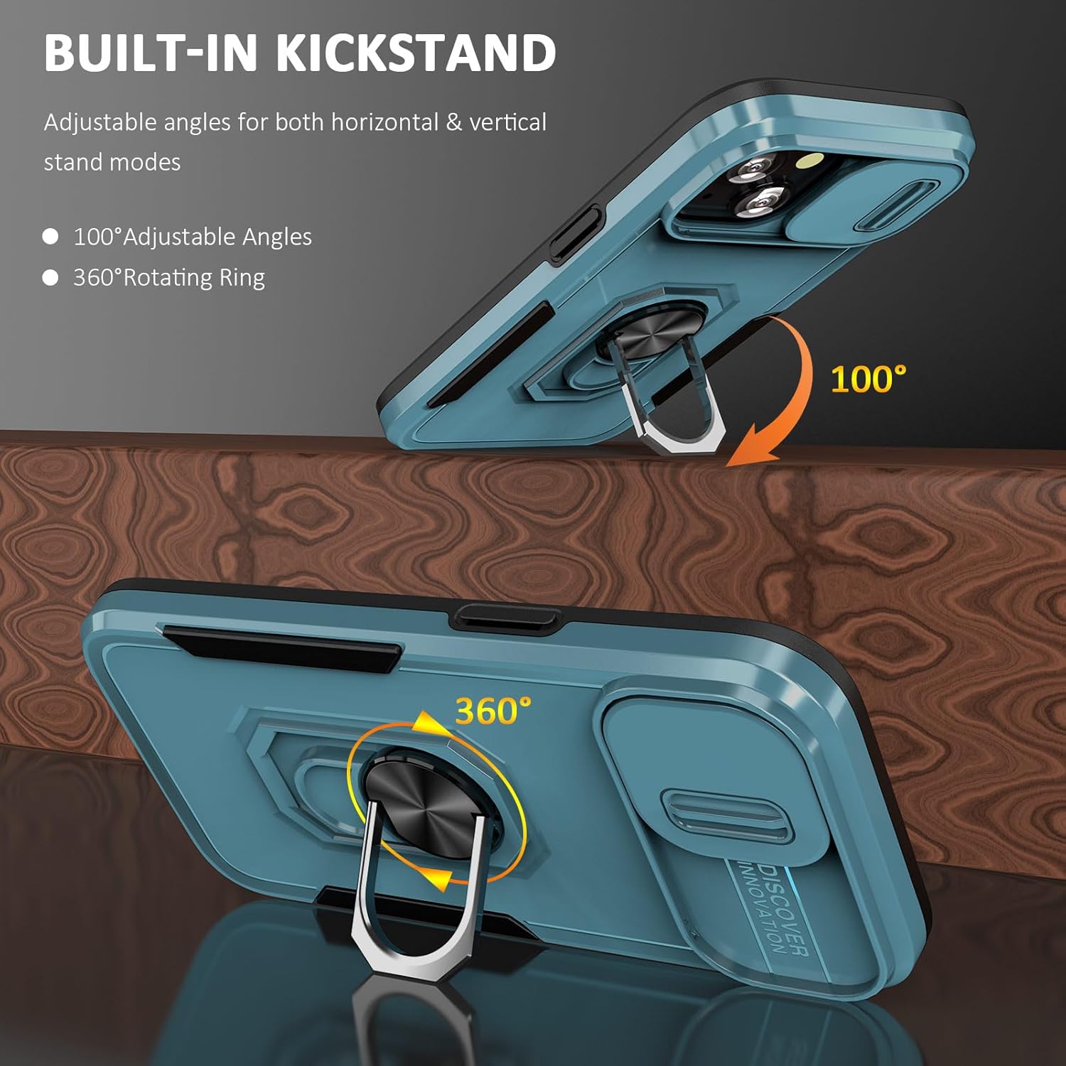 ADDIT Funda de teléfono para iPhone 15, funda para iPhone 15, con cubierta deslizante para lente y anillo de soporte, soporte magnético para