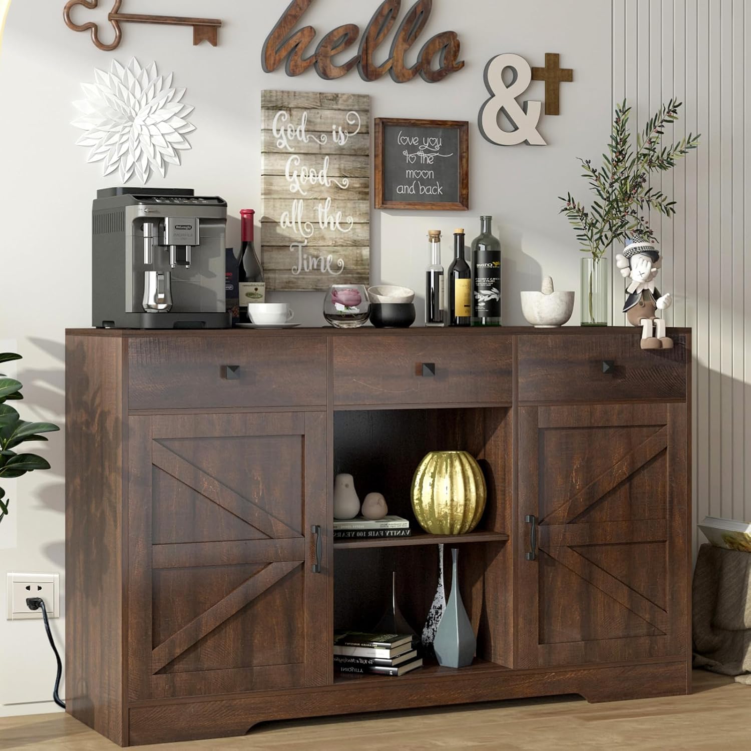 Armario de bar de café de granja, gabinete de almacenamiento de buffet de cocina de 54 pulgadas con puertas y cajones, aparador de granja, mesa de