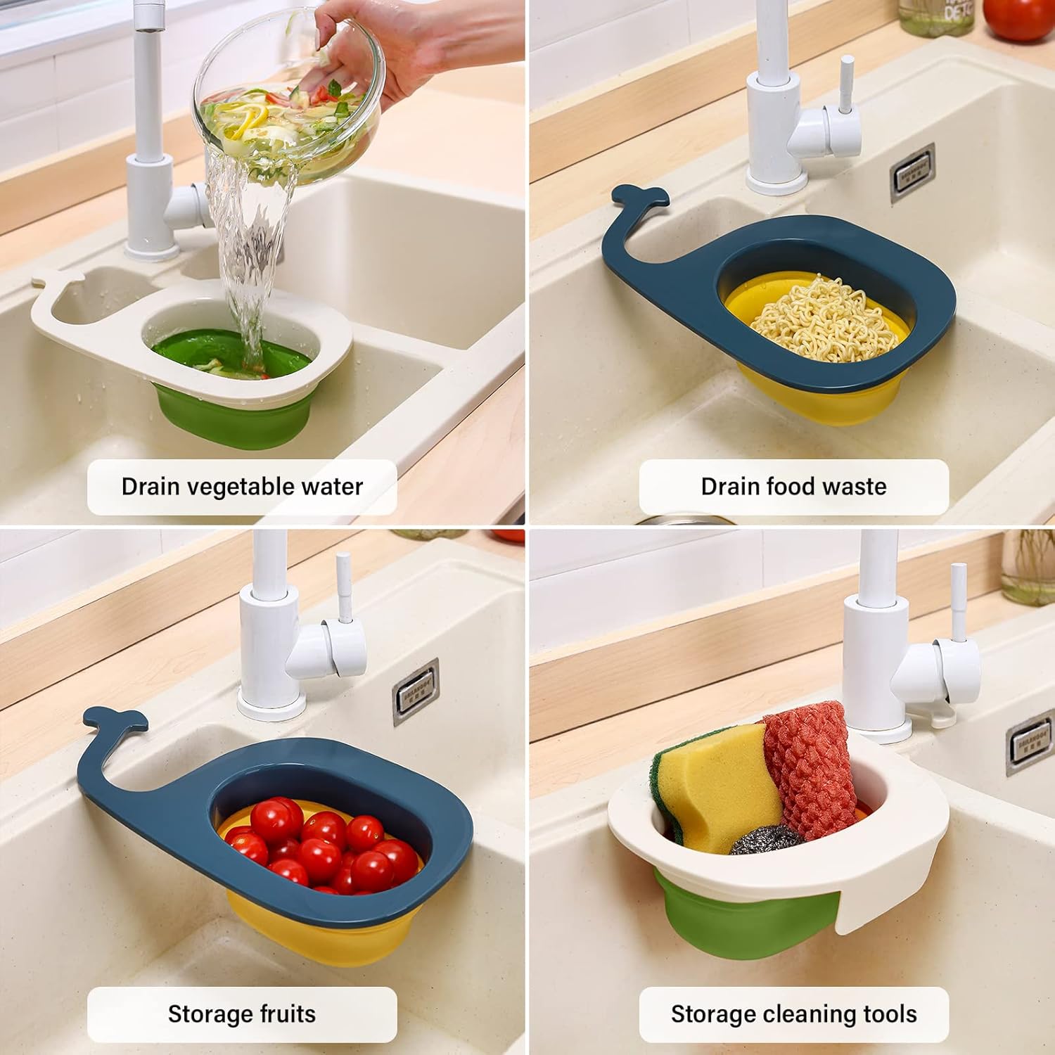 Cesta de drenaje para fregadero de cocina, colador de malla plegable multifuncional en forma de ballena, colador de esquina para fregadero para