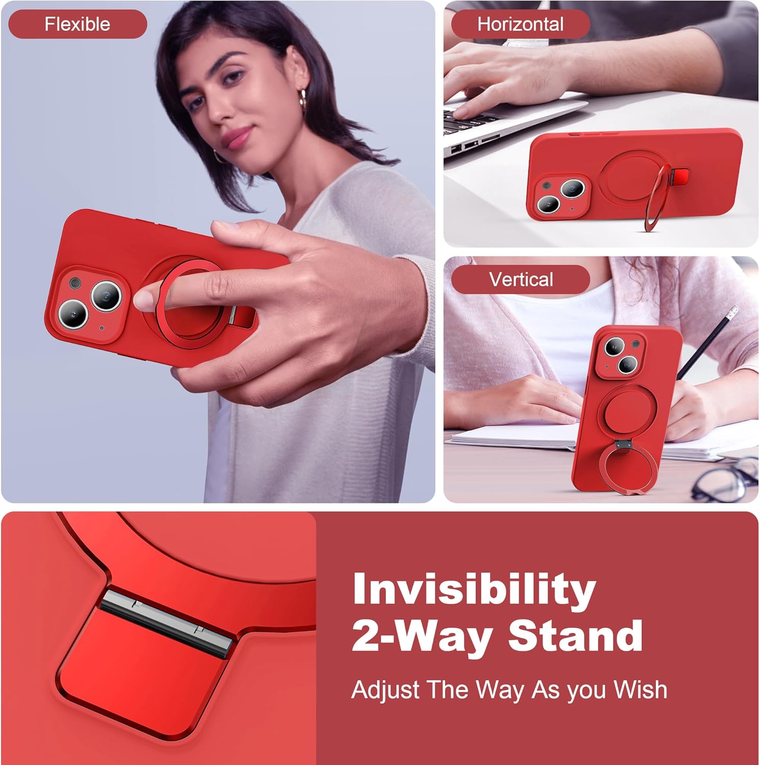 Funda de silicona para iPhone 13 y iPhone 14 con soporte de anillo magnético, iPhone 13 y 14 de 6.1 pulgadas para mujeres y hombres, compatible con