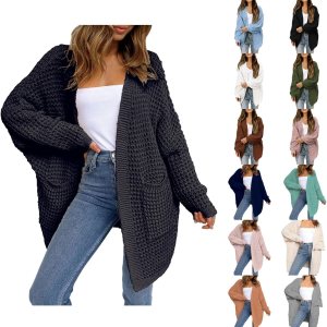 Cárdigan de punto grueso con frente abierto para mujer, suéter de manga larga, acanalado, ligero, elegante, casual, para exteriores Cárdigan de punto grueso con frente abierto para mujer, suéter de manga larga, acanalado, ligero, elegante, casual, para exteriores