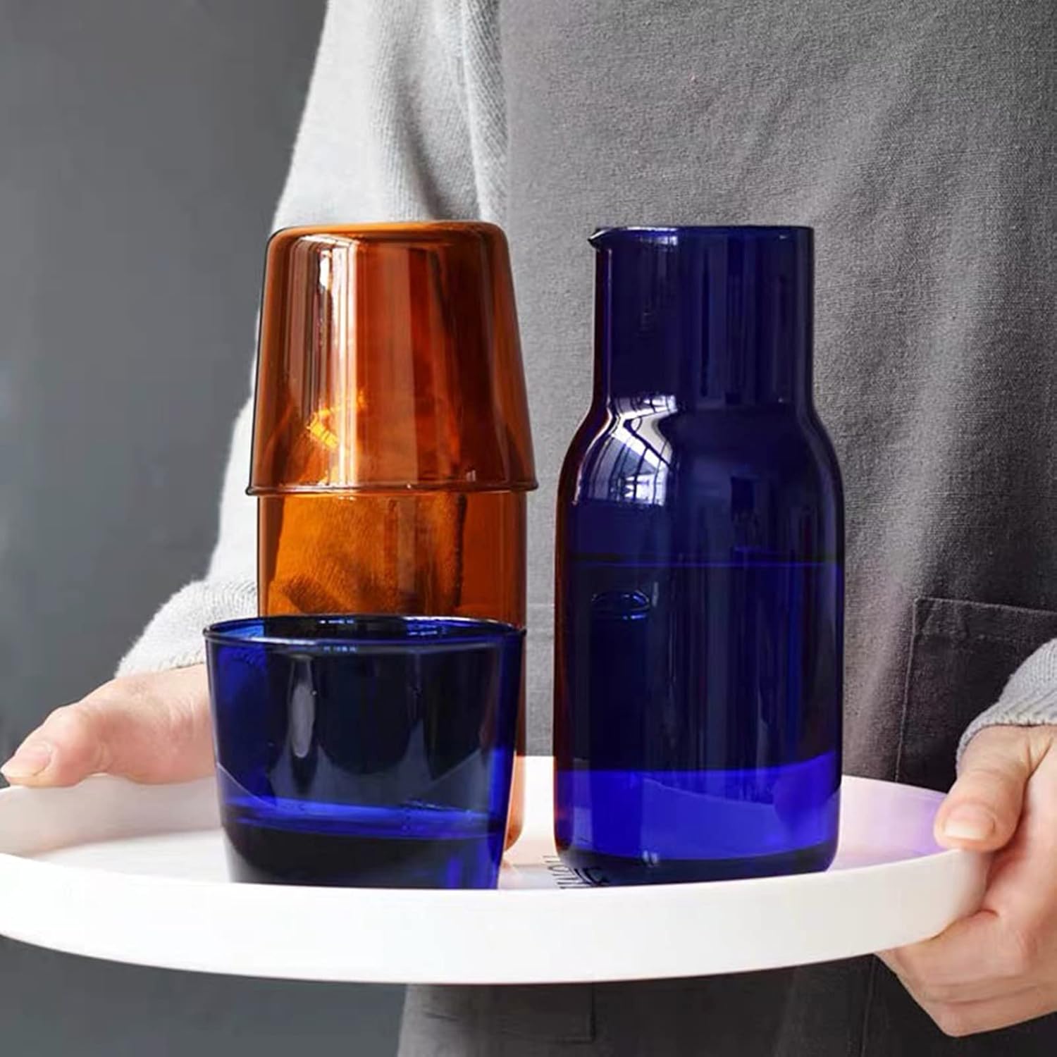 MANMAOHE Juego de jarra de agua y vidrio marrón de 17 onzas de cristal transparente para mesita de noche, jarra de agua nocturna con vaso de vidrio